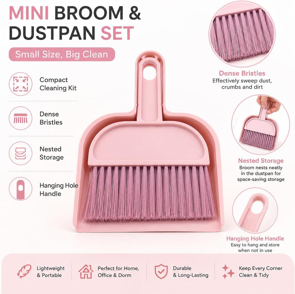 Mini Broom and Dustpan Set, Compact Cleaning Kit for Home Car Camping Small Spaces Pet Cleanup and Travel