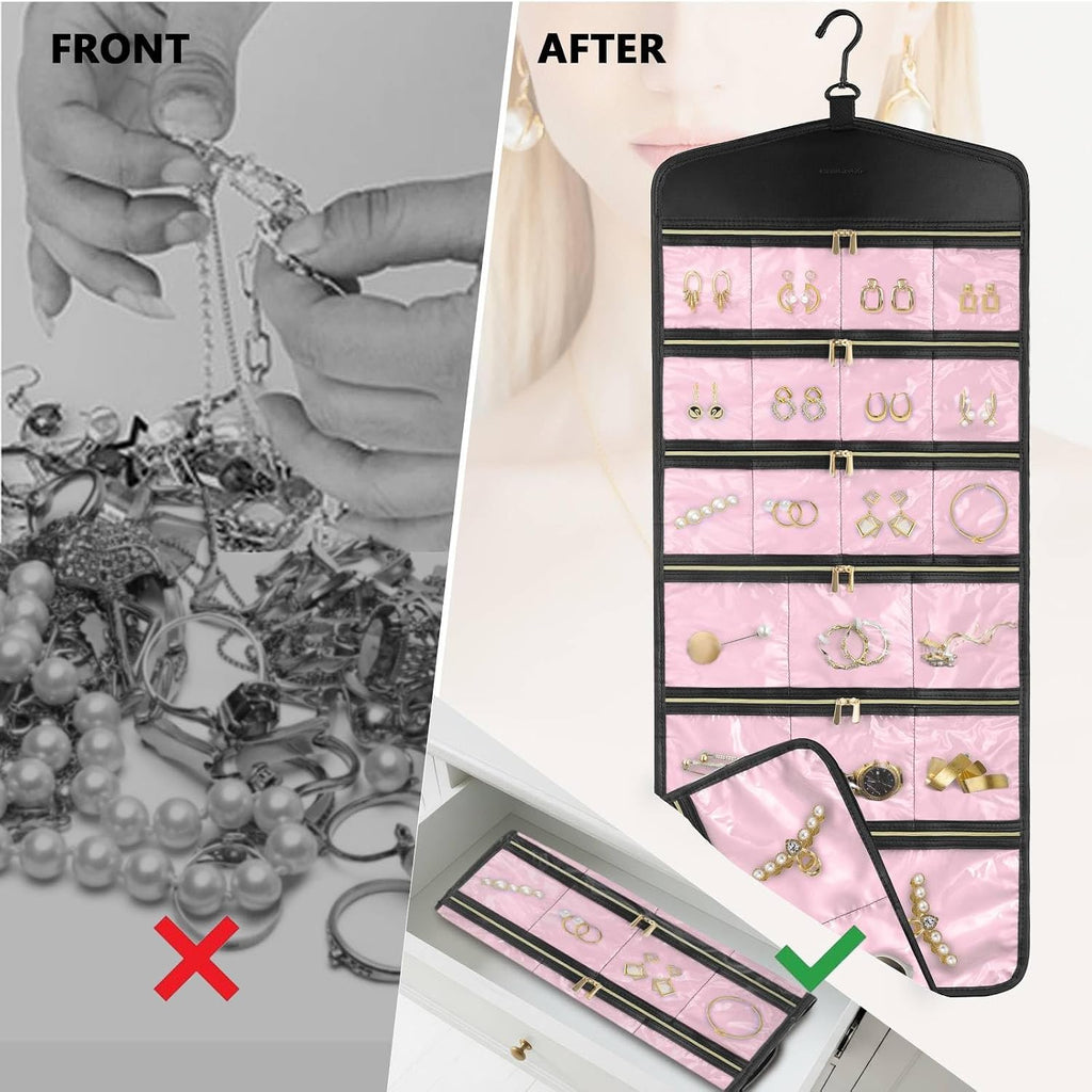 CHICECO Hanging Jewelry Organizer With Zippered Pockets,40 Pockets Travel Jewelry Organizer Storage (Pink)
