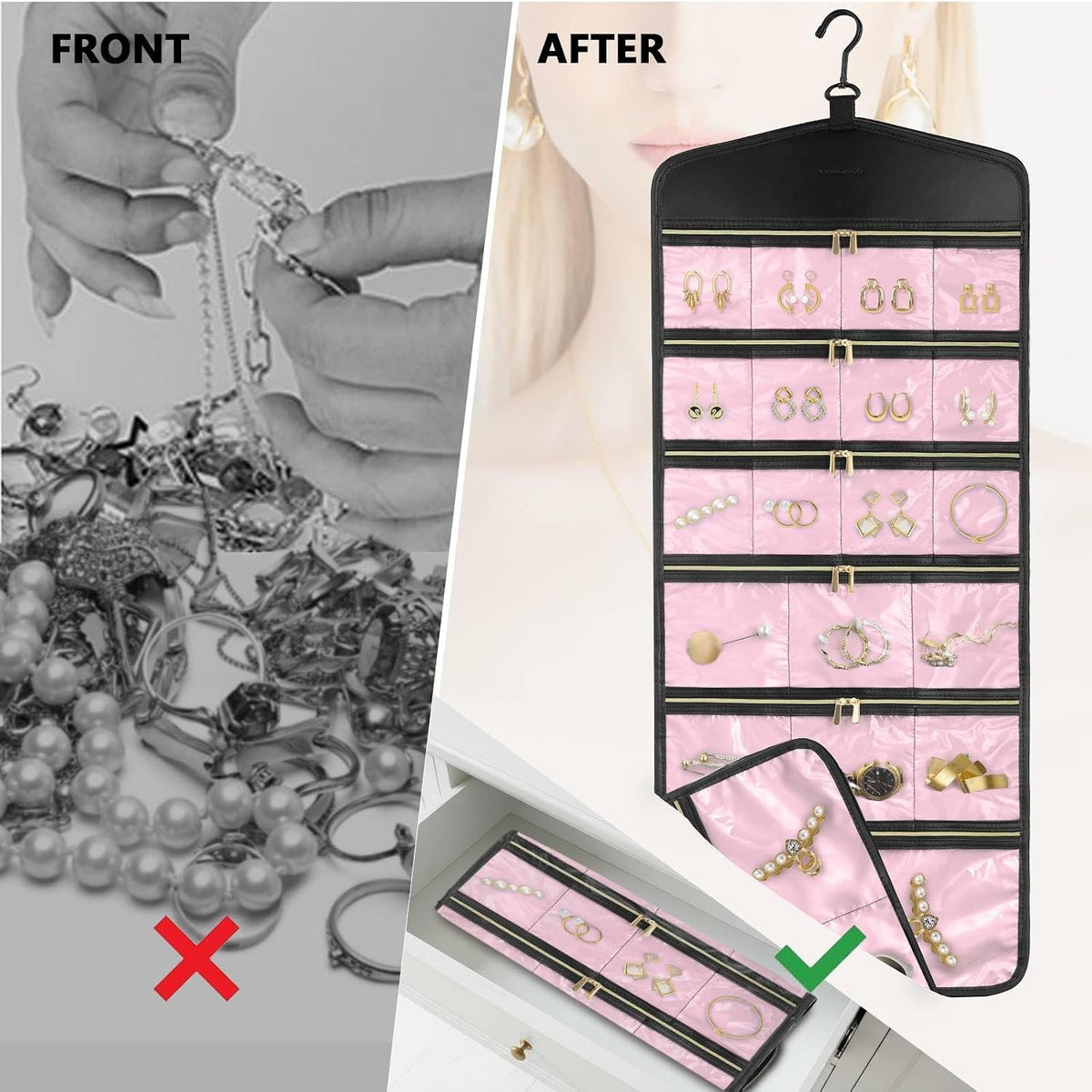 CHICECO Hanging Jewelry Organizer With Zippered Pockets,40 Pockets Travel Jewelry Organizer Storage (Pink)