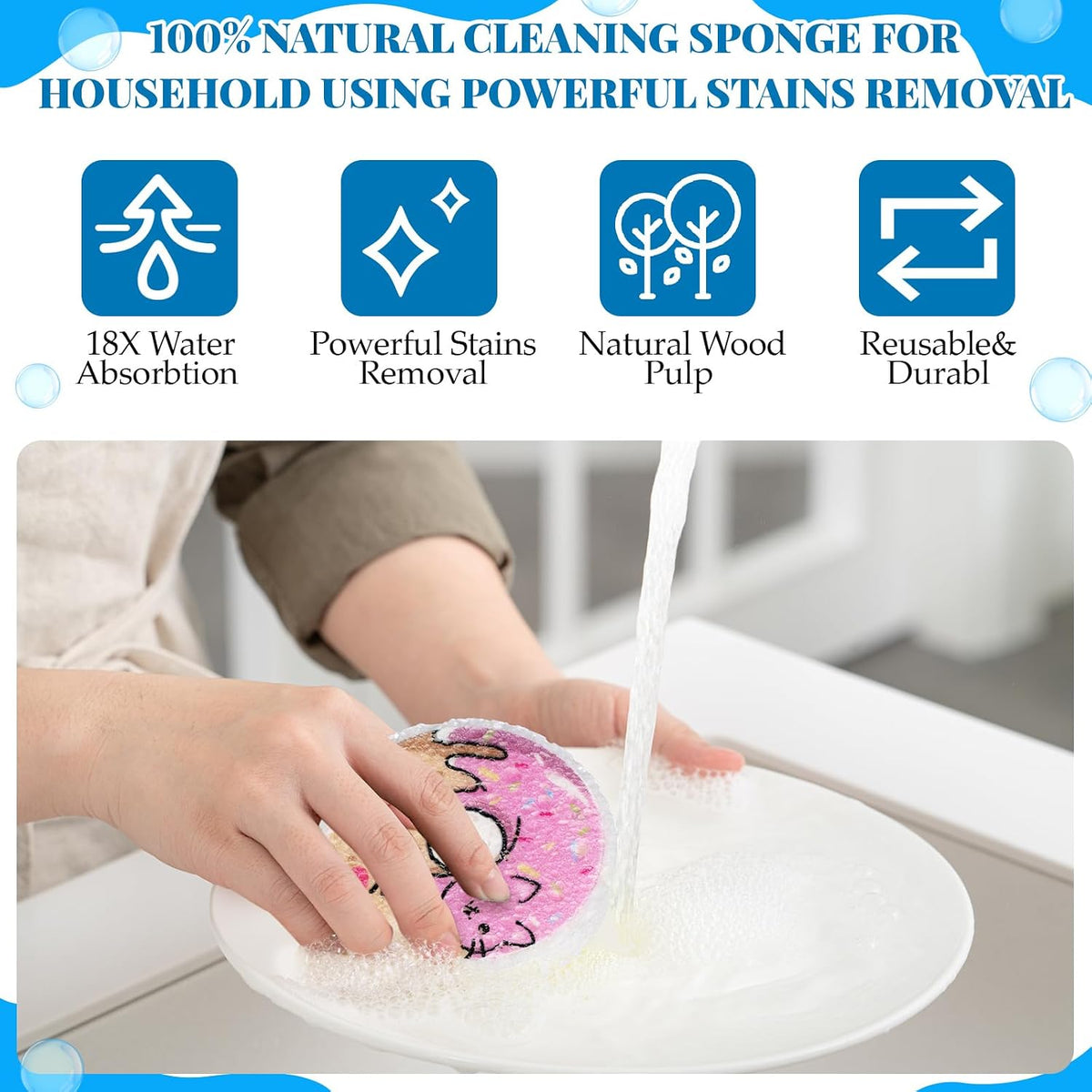 Newtay 8 Pack Cute Kitchen Sponges Dish Set Compressed Non-Scratch Reusable Kitchen Cleaning Household Sponges for Dishes, Pans, Kitchen, Fruit, Plate, Bathroom(Donut)