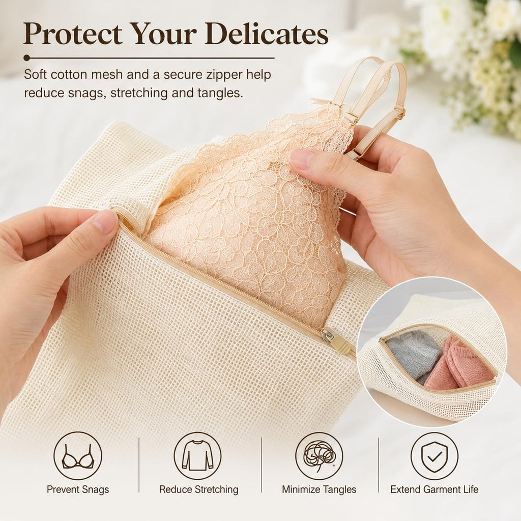 IMIKEYA Mesh Laundry Bags for Delicates, 4 Pack Cotton Zippered Wash Bags in 4 Sizes for Bras, Underwear, Socks, Sweaters, Baby Clothes, Travel and Dorm Organization