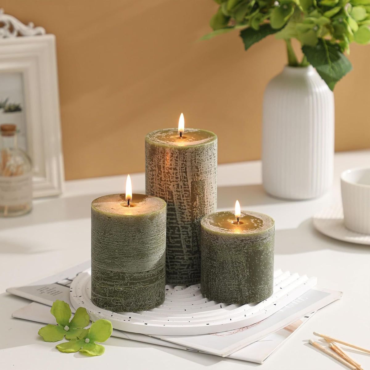 3x3 Inch Moss Green Pillar Candles - Set of 3, Long Clean Burning, Smokeless Dripless Candles for Spring Home Decor, Dinner Table, Bathroom, Rustic Decor