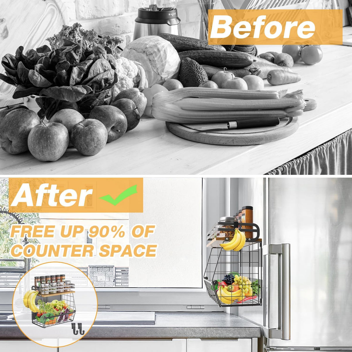 Magnetic Shelf for Fridge with Wood Lid, Large Capacity Magnetic Spice Rack for Refrigerator Kitchen Storage Bin for Fruit, Onion, Potatoes, Storage Organizer for Counter & Cabinet, Wire Basket