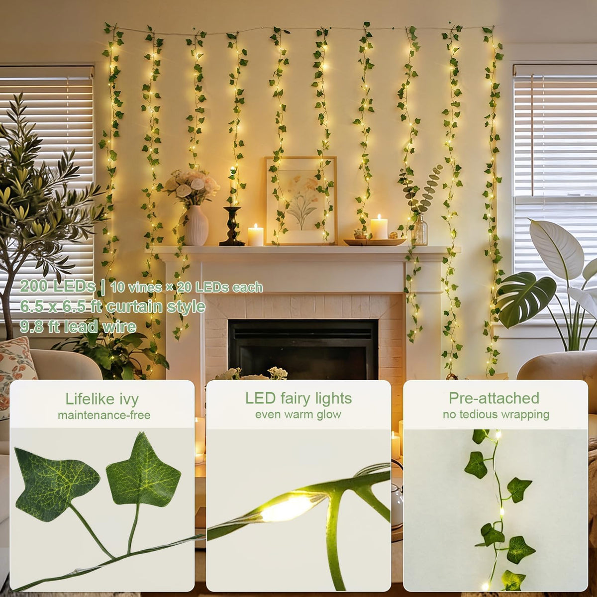 JMEXSUSS 200 LED Ivy Vine Lights, Fairy Curtain Lights USB & Battery Operated with Remote, 6.5x6.5ft Vines with Fairy String Lights for Bedroom, Dorm, Classroom, Wedding, Indoor, Outdoor Decor