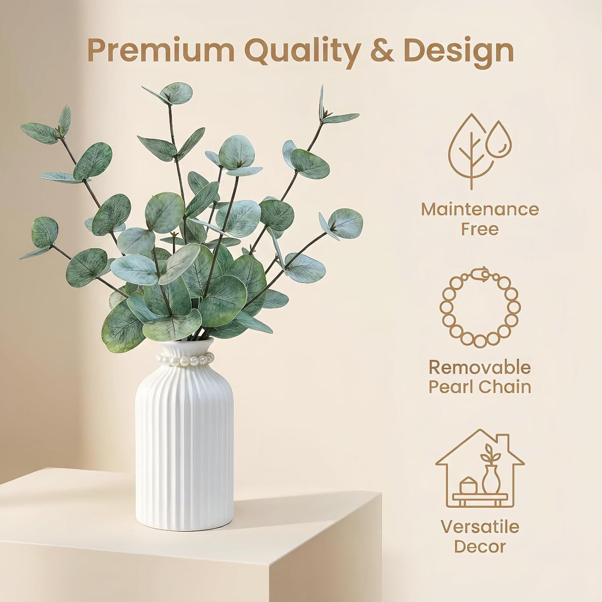 Artificial Eucalyptus Stems in Vase, Faux Plants with Frosted Ceramic Vase, Nordic Style Fake Green Plants with Bottle Set for Home Decor Indoor Centerpiece (Green Eucalyptus with White Vase)
