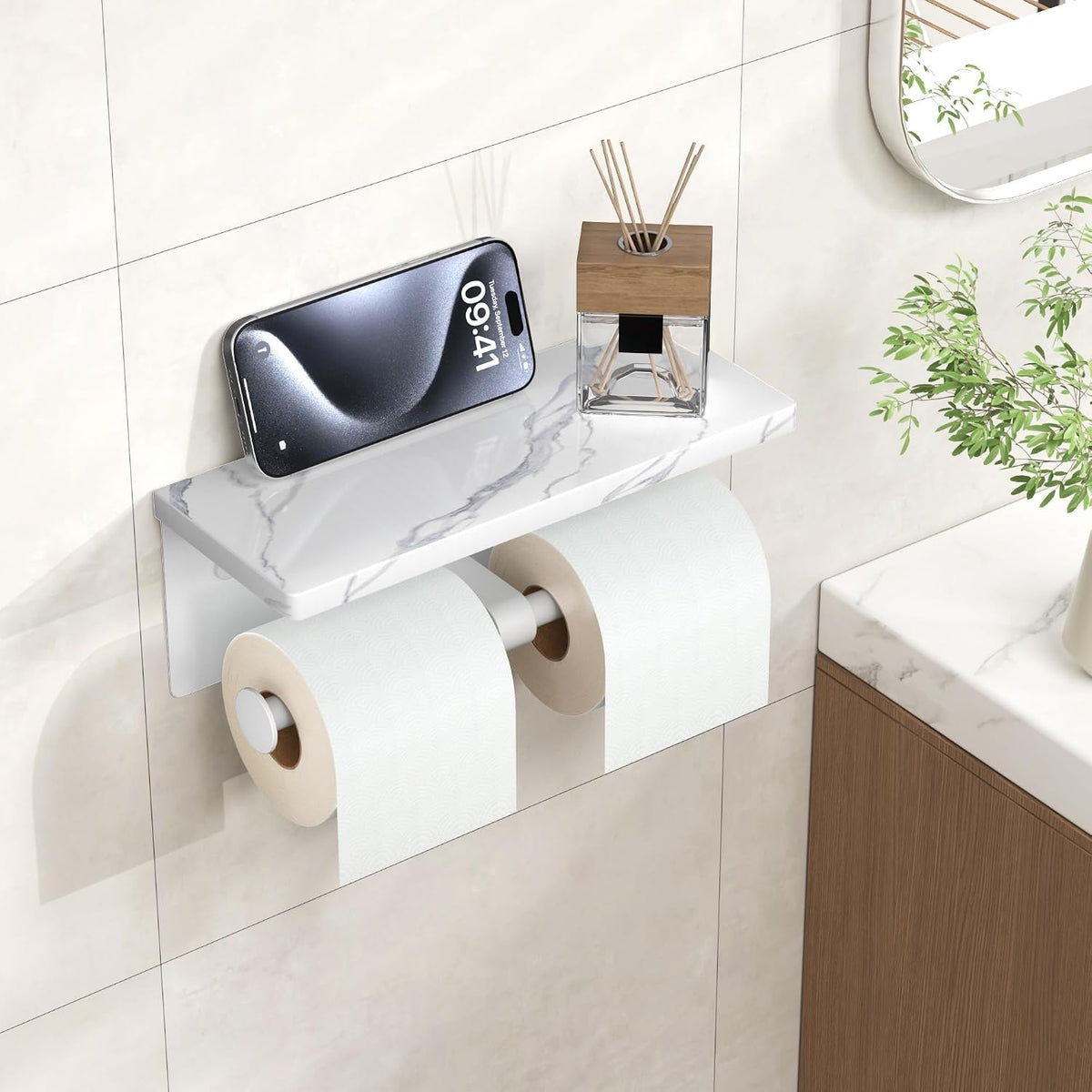 FORIOUS Double Marble Toilet Paper Holder with Phone Shelf, Commercial