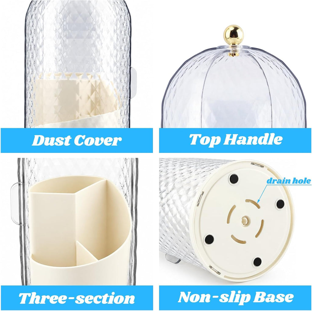 3 Slots Rotating Toothbrush Holder with Cover for Bathroom Countertop