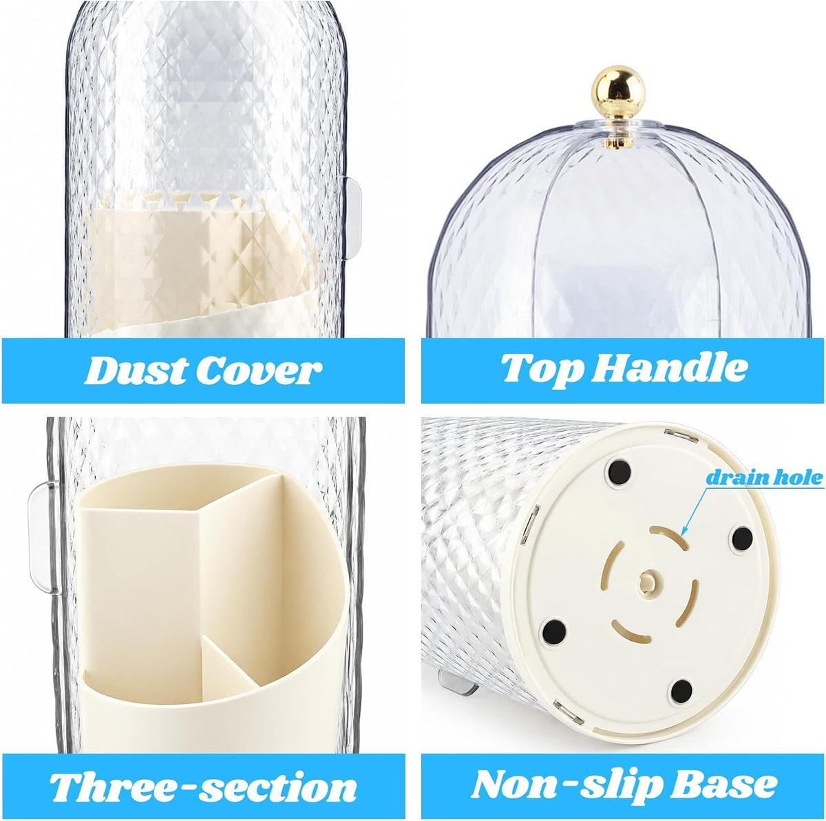 3 Slots Rotating Toothbrush Holder with Cover for Bathroom Countertop