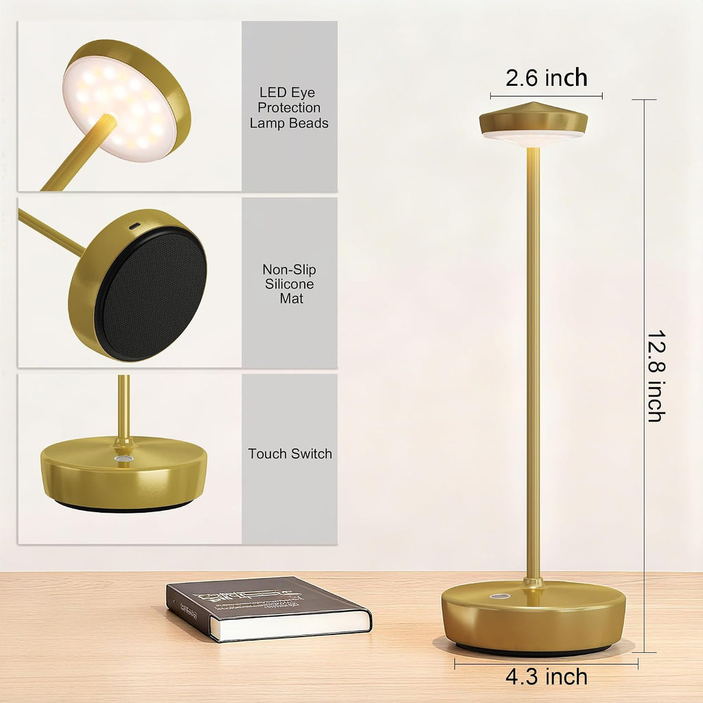 2 Pack Rechargeable Cordless Table Lamps, 5000mAh LED Portable Table Light with 3 Color Stepless Dimming, Battery Powered Waterproof Table Lamp for Outdoor/Restaurant/Home/Dinner (Brushed Gold)