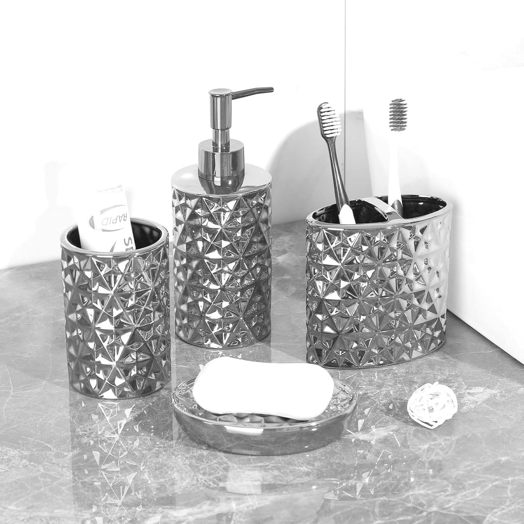 12 Oz Ceramic Soap Dispenser with Rust Proof Stainless Steel Pump,Refillable Diamond Lotion Soap Dispenser for Bathroom, Kitchen, Hand Soap, Dish Soap,Shampoo, Ideal for Bathroom Countertop. Silver.
