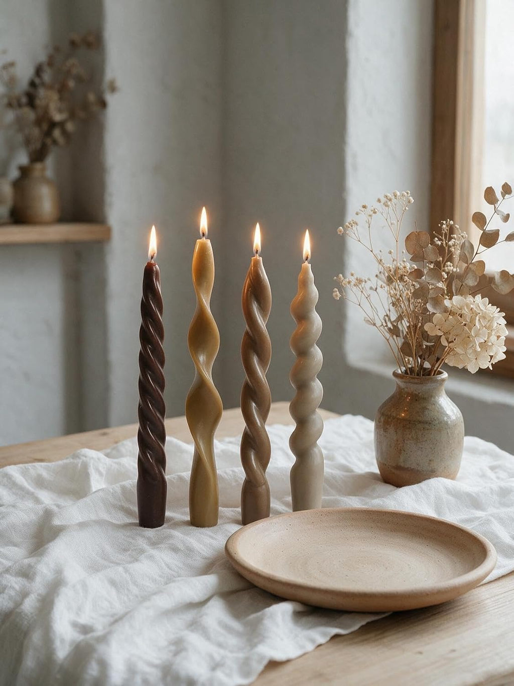 Spiral Taper Candles Brown Short Candle Sticks Unscented Smokeless Twisted Candlesticks for Fall Decor Holiday Dinner Party Christmas Decorations-7.5inch-4pack