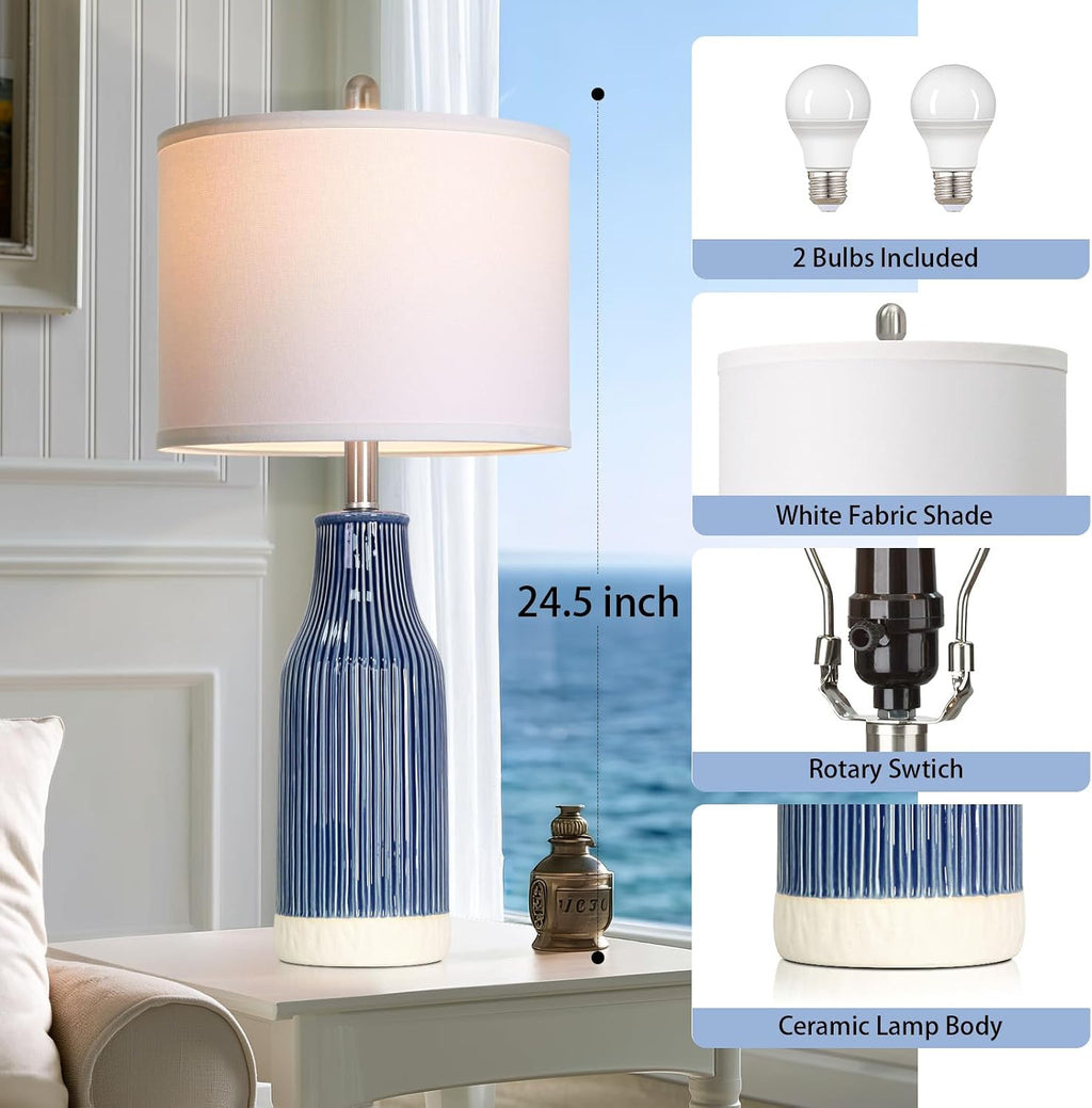 24.5" Blue Ceramic Table Lamps Set of 2 for Bedroom, Modern Table Lamps for Living Room End Table, Small Farmhouse Bedside Lamps for Nightstands (2 LED Bulbs Included)