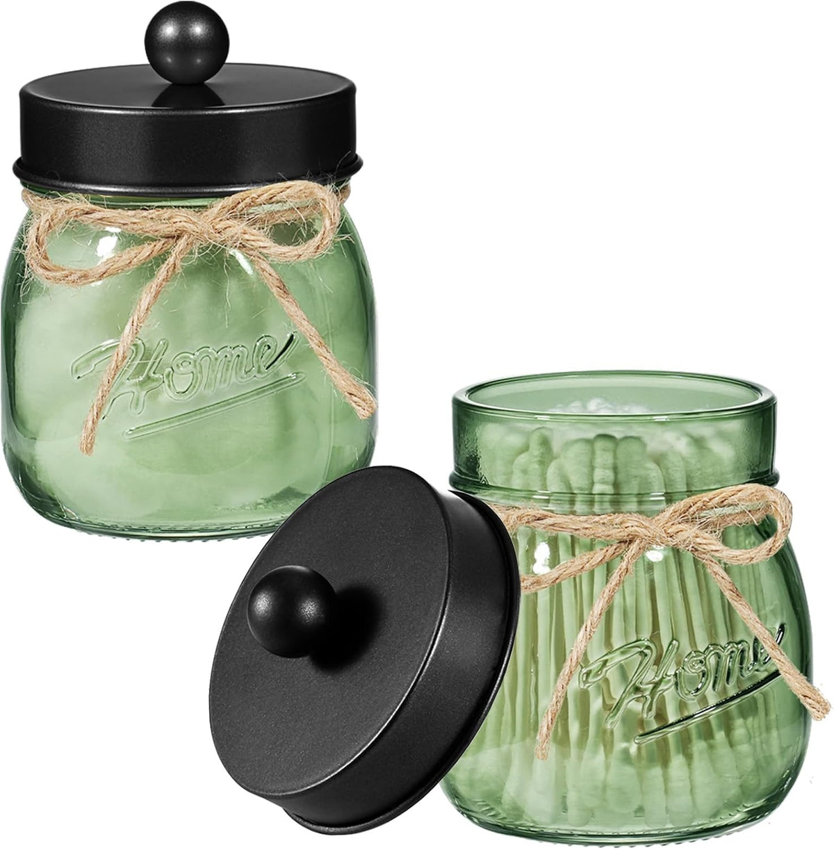 SheeChung 2 Pack Green Glass Mason Jar Qtip Holder Dispenser, Black Lids