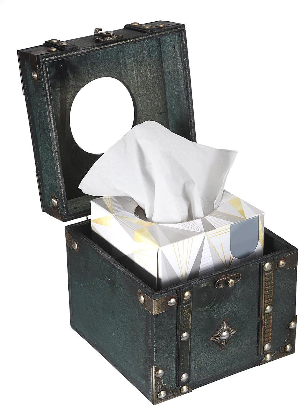 Sumnacon Wood Square Tissue Box Cover Retro Cube Tissue Box Holder,Green