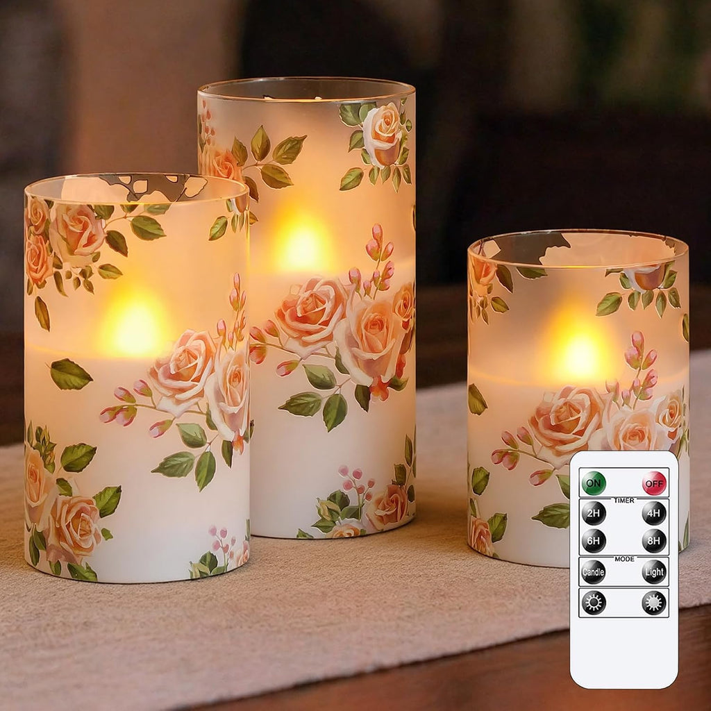 Pink Rose Flameless LED Pillar Candles with Remote, Pack of 3 Glass Shell Flickering Electric 3D Wick Warm Light Real Wax Battery Operated Fake Timer Lighting, 3" x 4" 5" 6" Home Decor
