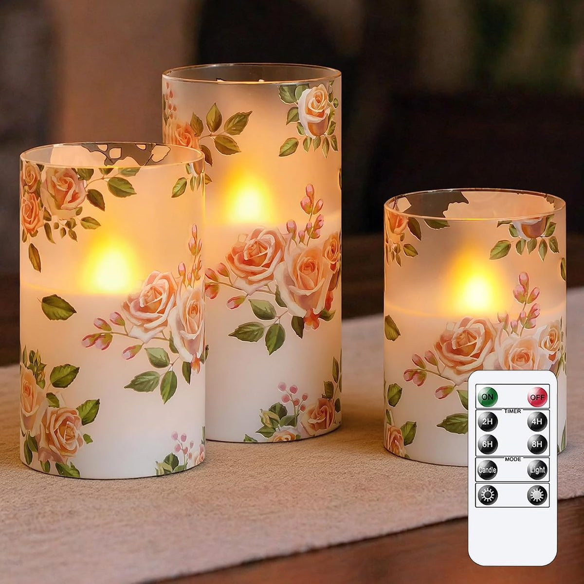 Pink Rose Flameless LED Pillar Candles with Remote, Pack of 3 Glass Shell Flickering Electric 3D Wick Warm Light Real Wax Battery Operated Fake Timer Lighting, 3" x 4" 5" 6" Home Decor