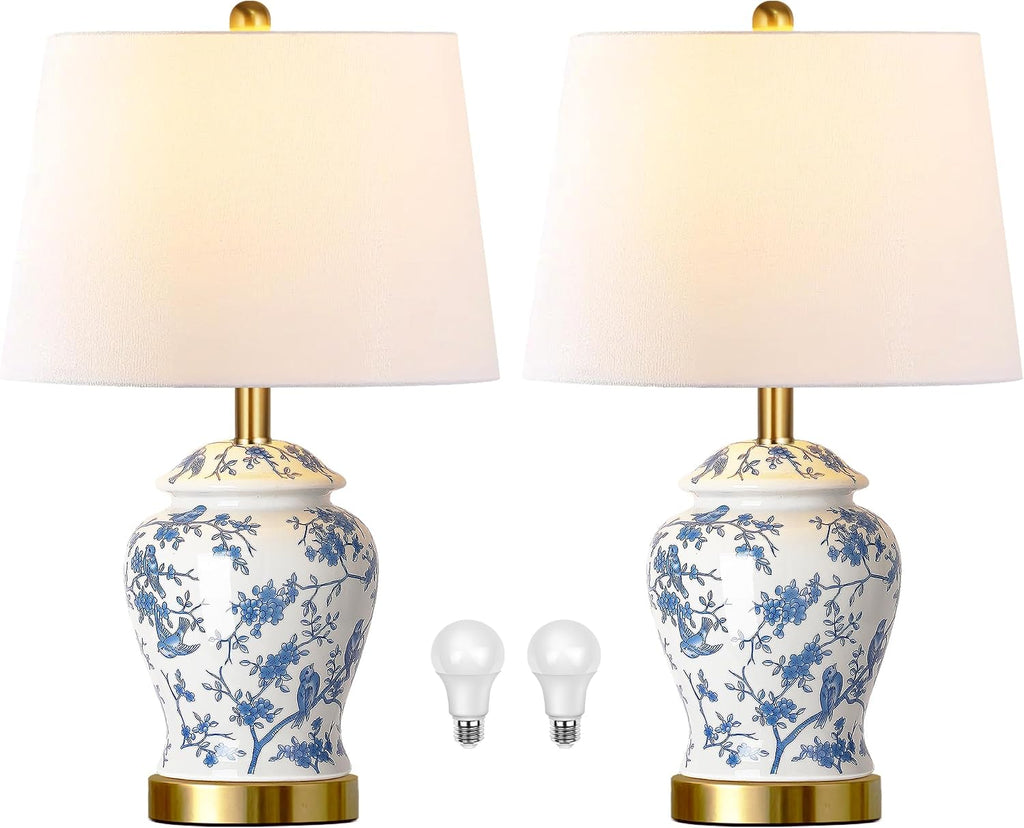 QiMH Chinoiserie Ceramic Table Lamps Set of 2 for Living Room, Vintage Traditional Bedside Lamps for Night Stands, 22" Large Blue and White Table Lamp for Bedroom Cottage, Gold(LED Bulbs Included)