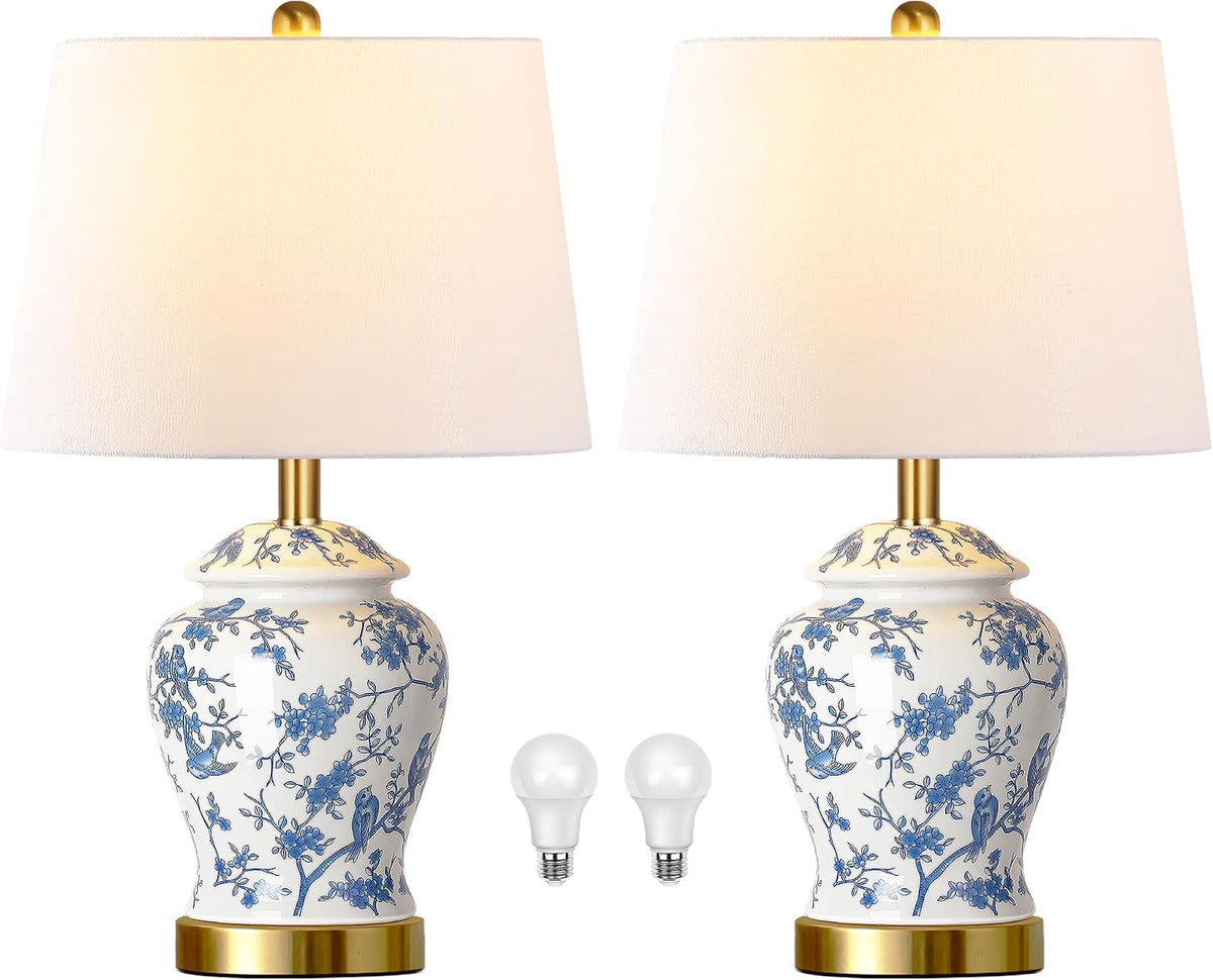 QiMH Chinoiserie Ceramic Table Lamps Set of 2 for Living Room, Vintage Traditional Bedside Lamps for Night Stands, 22" Large Blue and White Table Lamp for Bedroom Cottage, Gold(LED Bulbs Included)