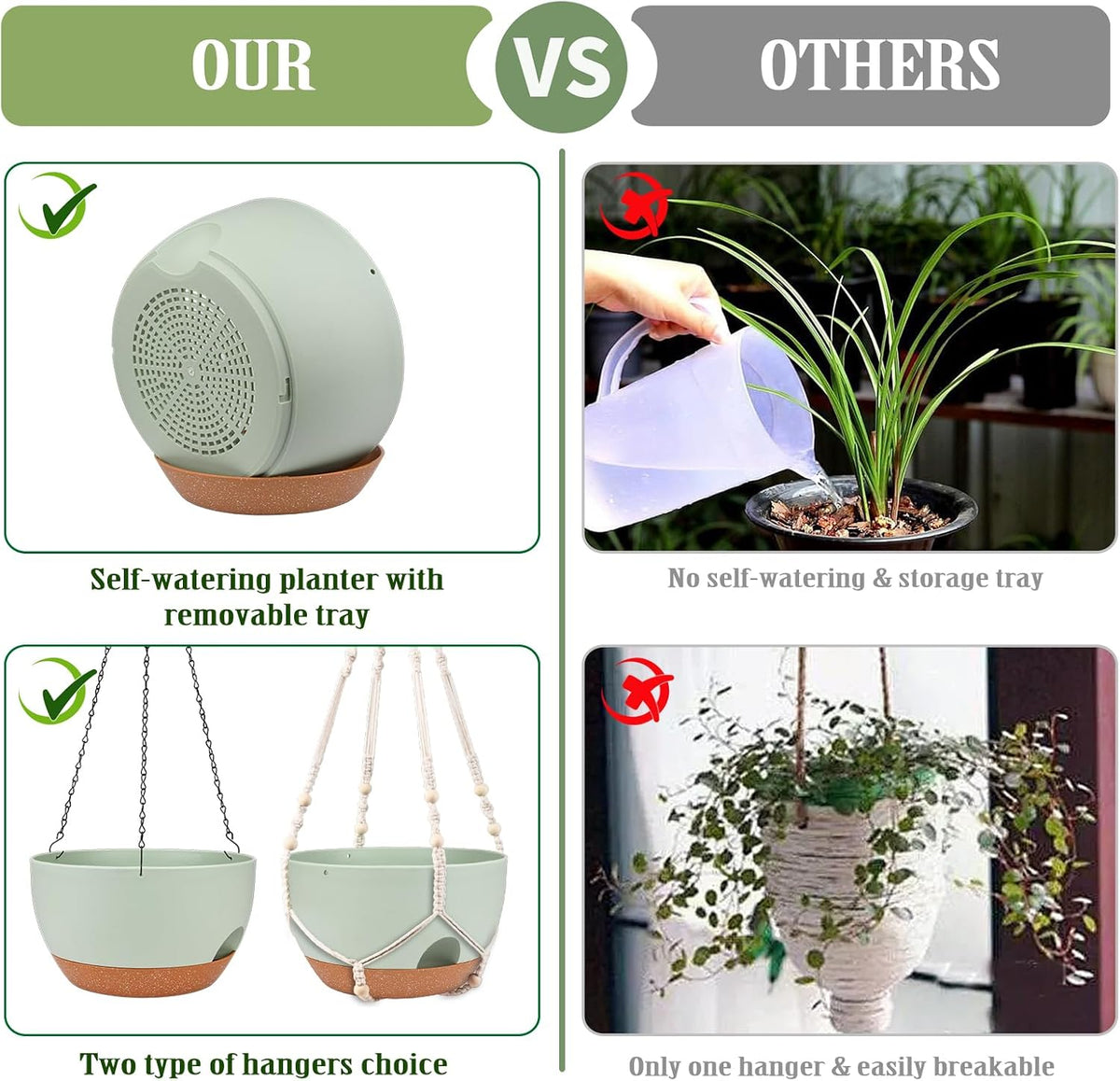 2 Pack 12 Inch Self Watering Hanging Planters for Indoor Outdoor Plants