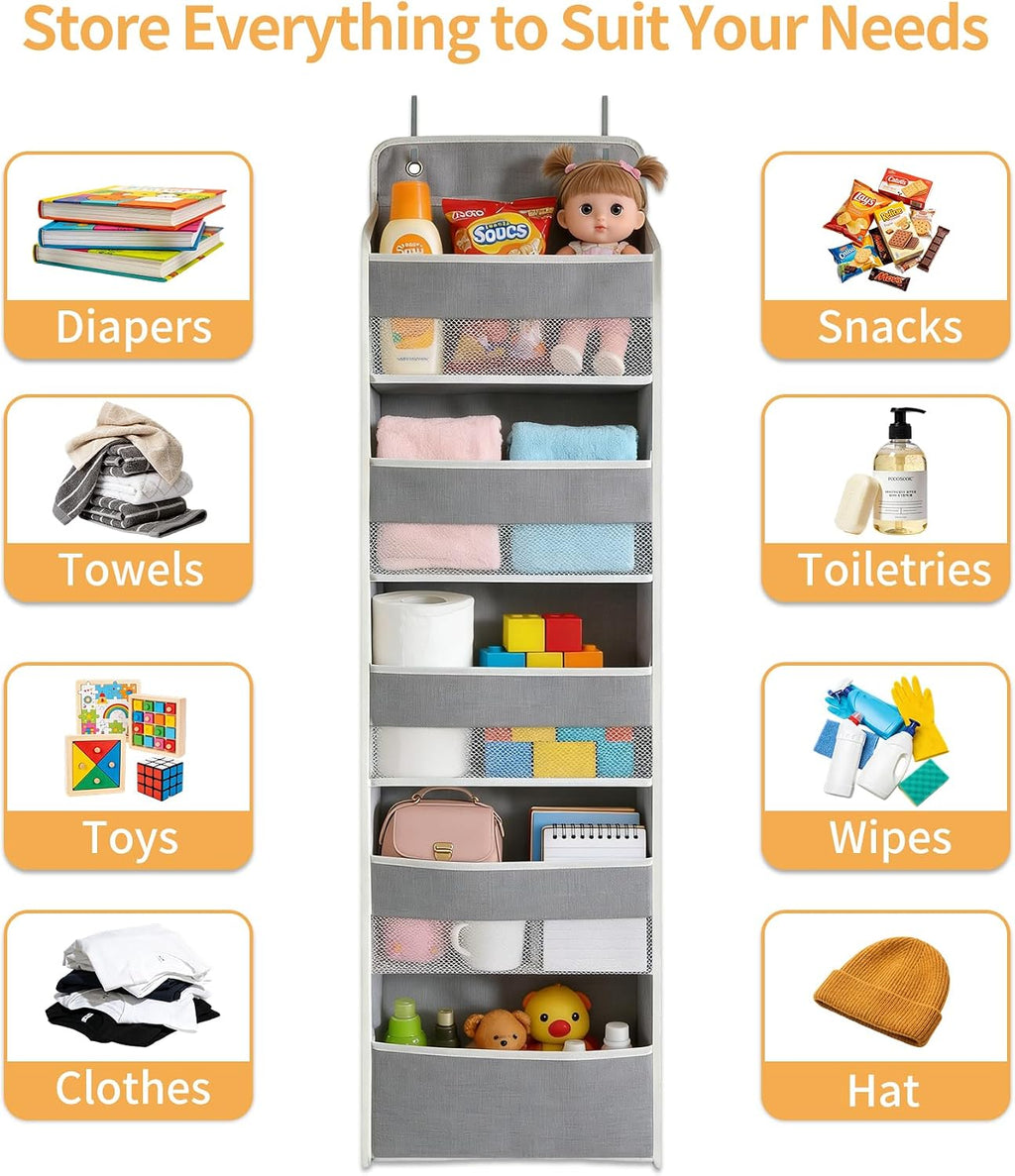 Over the Door Organizer, Door Storage Organizer with Large Capacity Pockets, Hanging Shelves for Bedroom, Closet, Dorm, Pantry (Grey, 6-Tier)