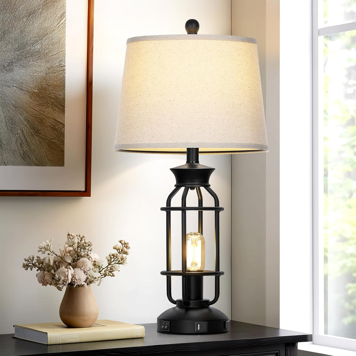 28" Tall Farmhouse Table Lamp for Living Room, Industrial Table Lamp with USB C+A Charging Ports & Outlet, Rustic Vintage Bedside Nightstand Lamp with Night Light for Bedroom End Table Black Single