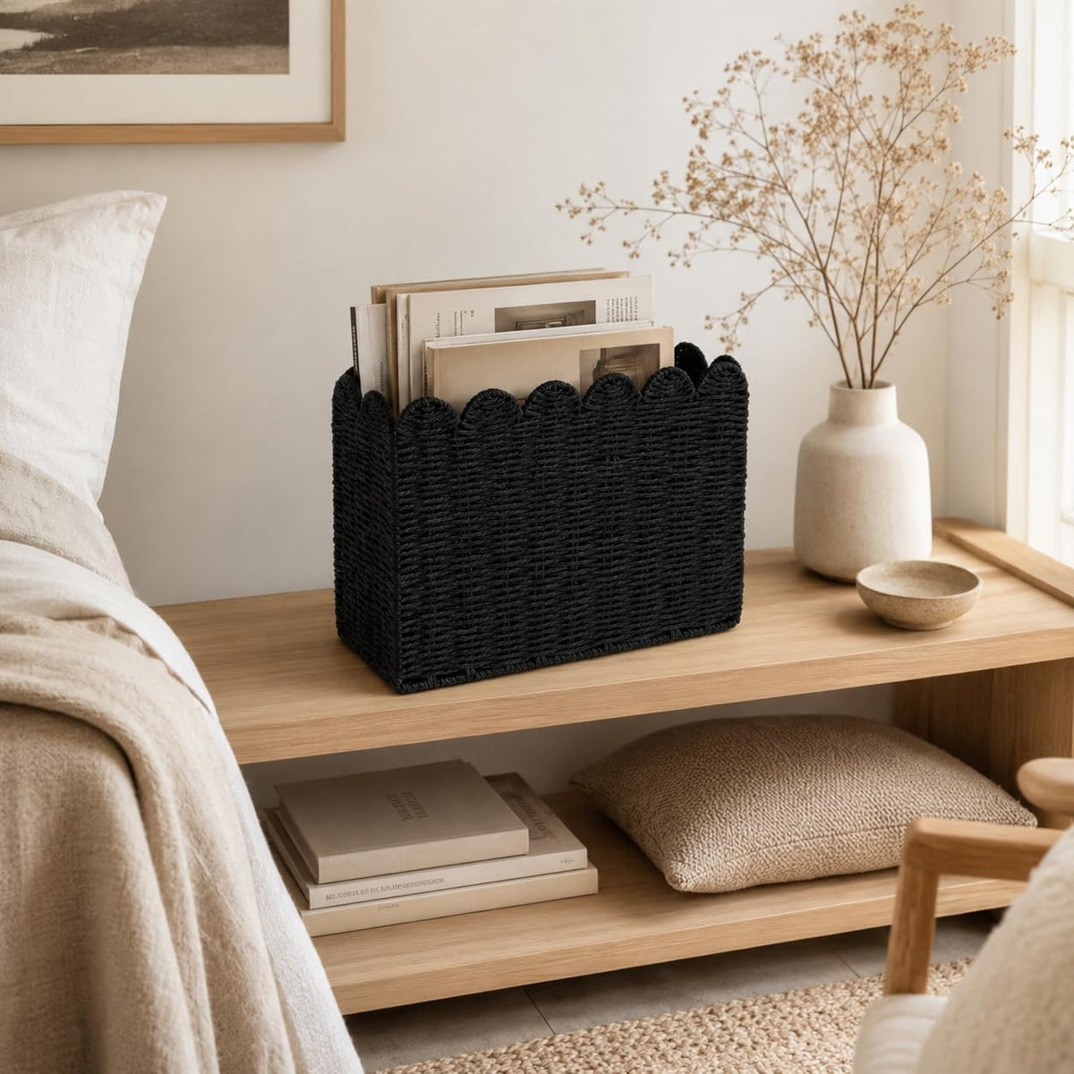 Black Paper Rope Magazine Holder, Scalloped Magazine Basket
