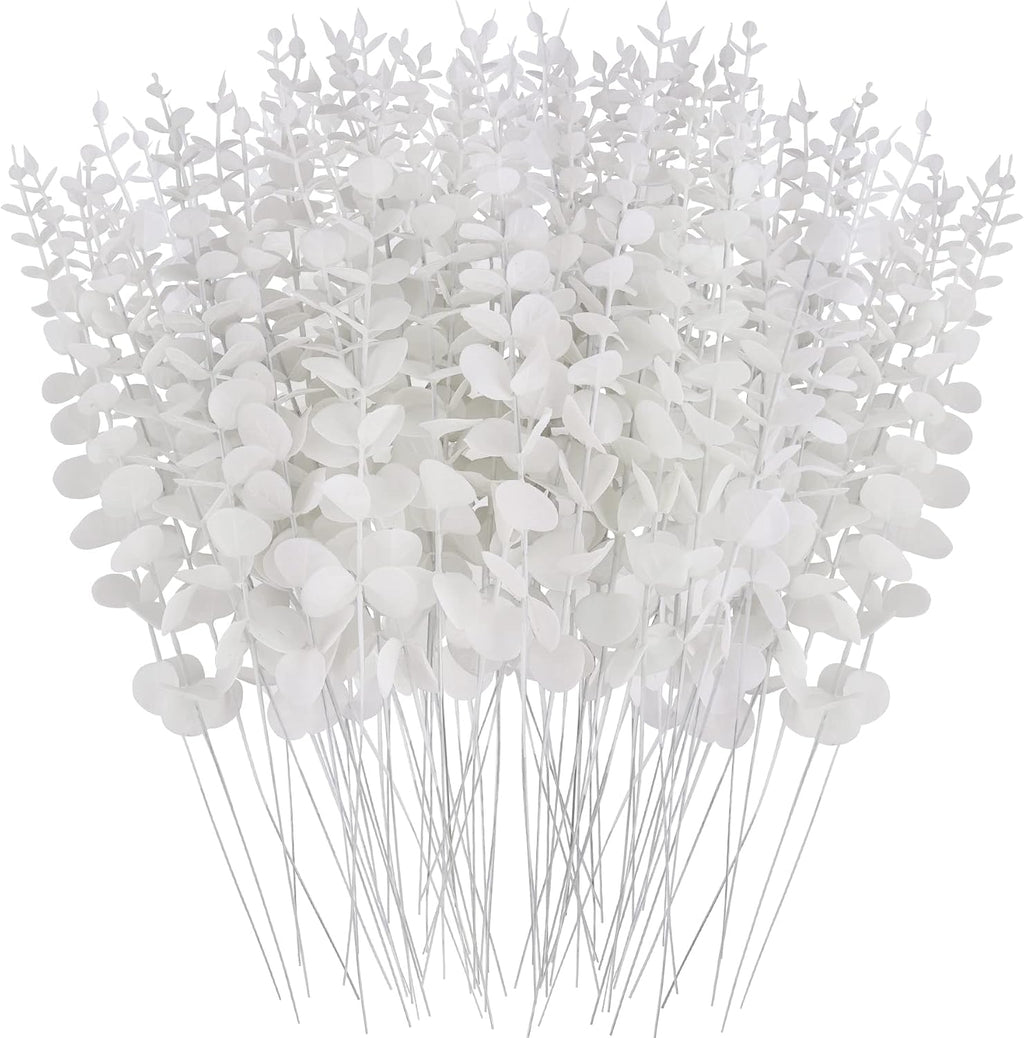FEQO 72 Pcs White Artificial Eucalyptus Stems 15" Faux Eucalyptus Branches