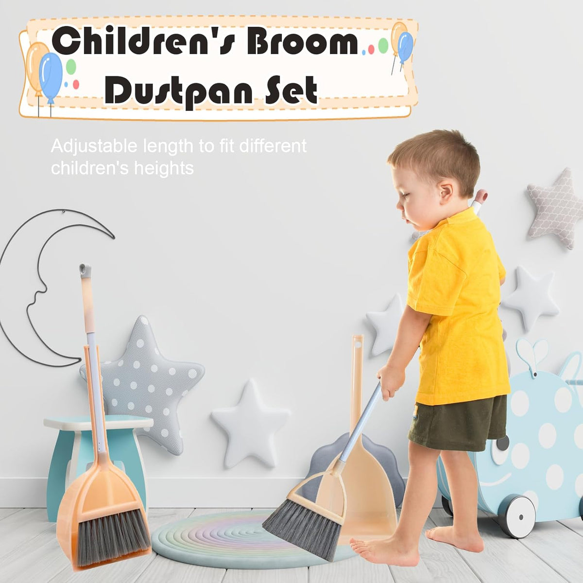 Mini Broom with Dustpan for Kids,Little Housekeeping Helper Set (White+Sky Blue)