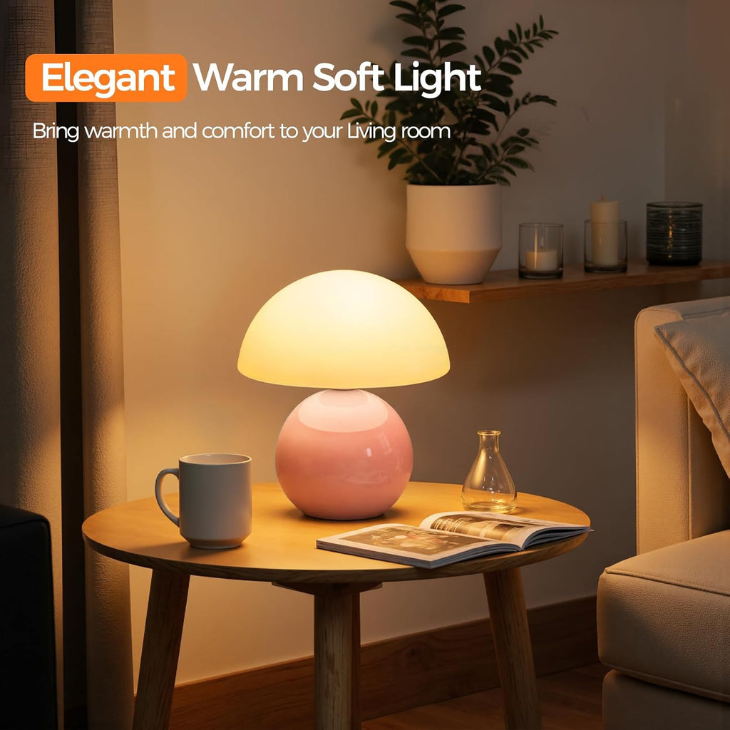 NIORSUN Mushroom Lamp Table Lamp for Bedroom, Portables Cordless Table Lamp,Wireless lamp,Small Bedside Table Touch Lamps for Living Room,Mini Mushroom 5200mAh Battery Operated Lamp Modern Pink