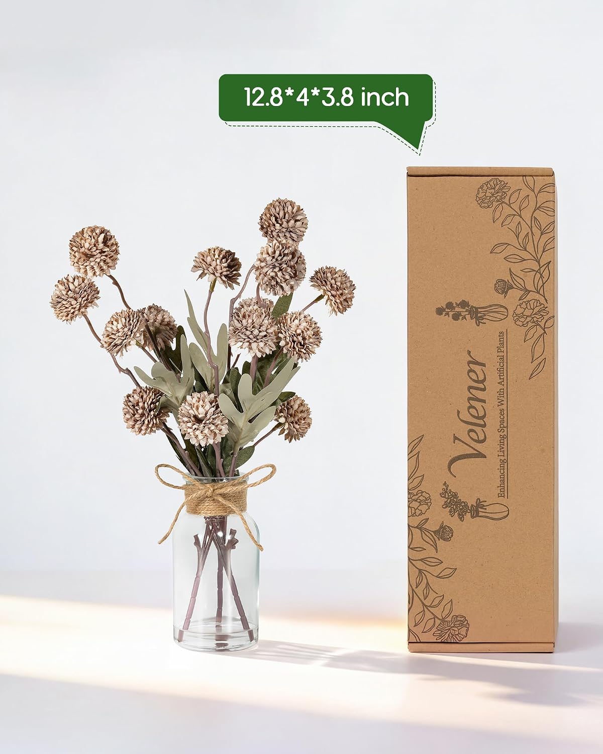 Velener Brown Faux Silk Mums Fake Flowers in Vase With Faux Water, Fake Plants Artificial Flowers For Home Decor Kitchen Bathroom Farmhouse Living Room Coffee Table Small Centerpieces For Table 1 Pack