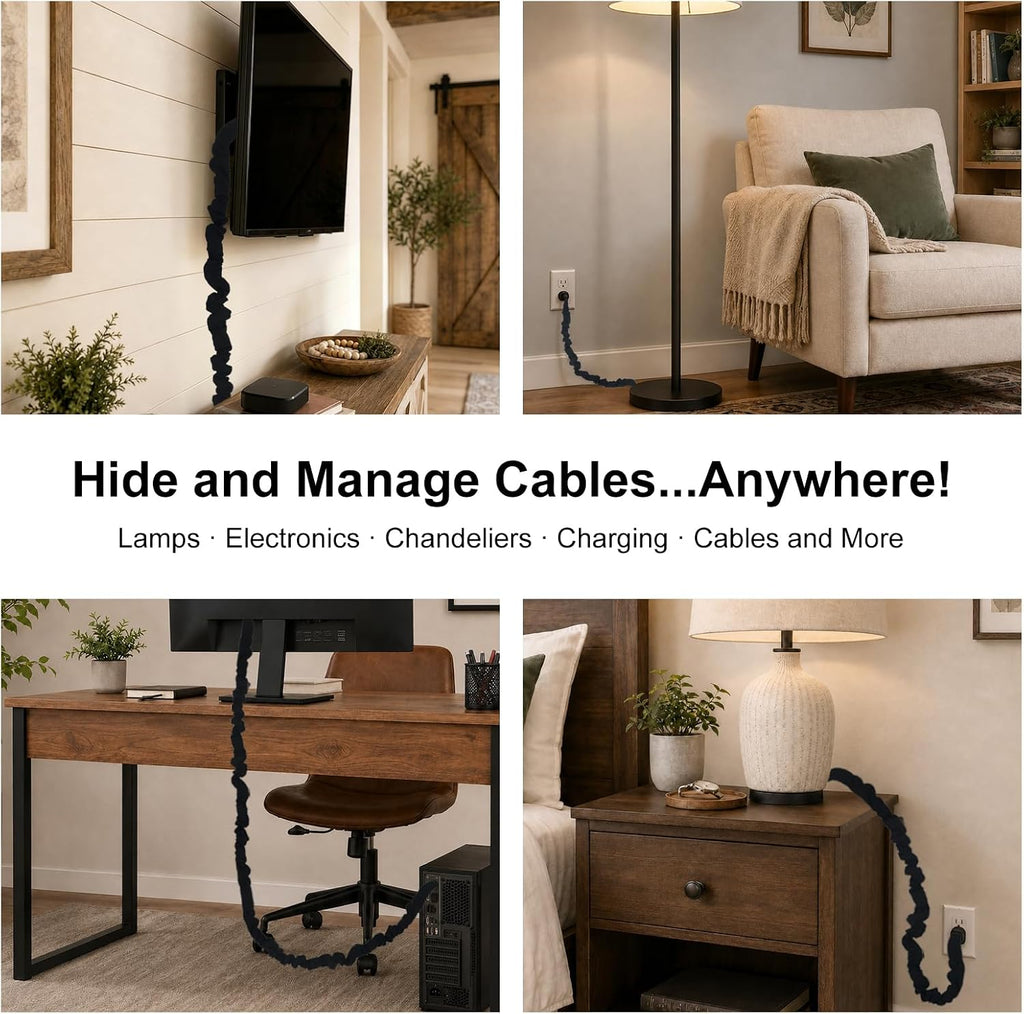 Black Farmhouse Cord Hider, TV Cord Cover and Cable Sleeve, 2 Pack 70.8 in with Button Snap Closure for Lamp Cord
