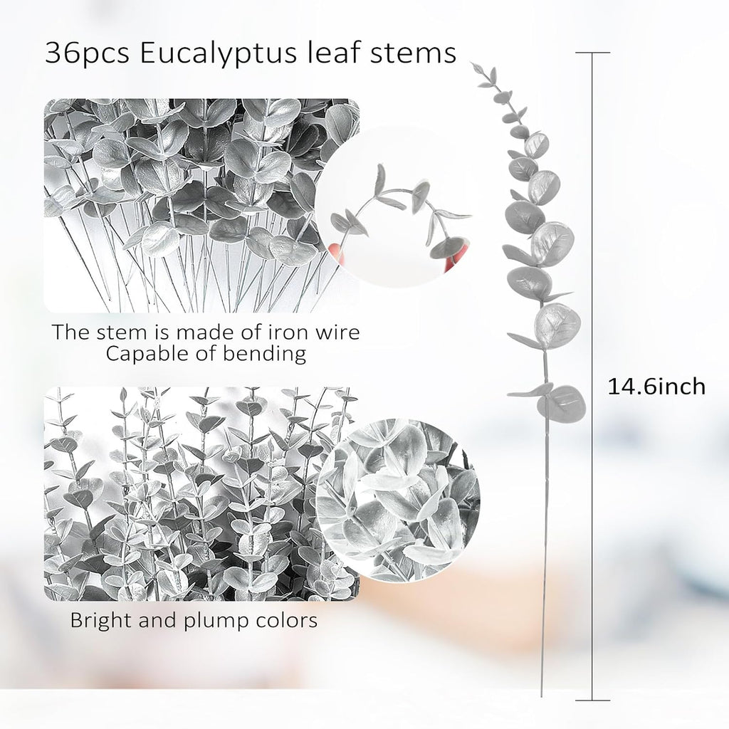 RECUTMS 36Pc Artificial Silver Eucalyptus Leave Stems 14.6in Christmas Pick