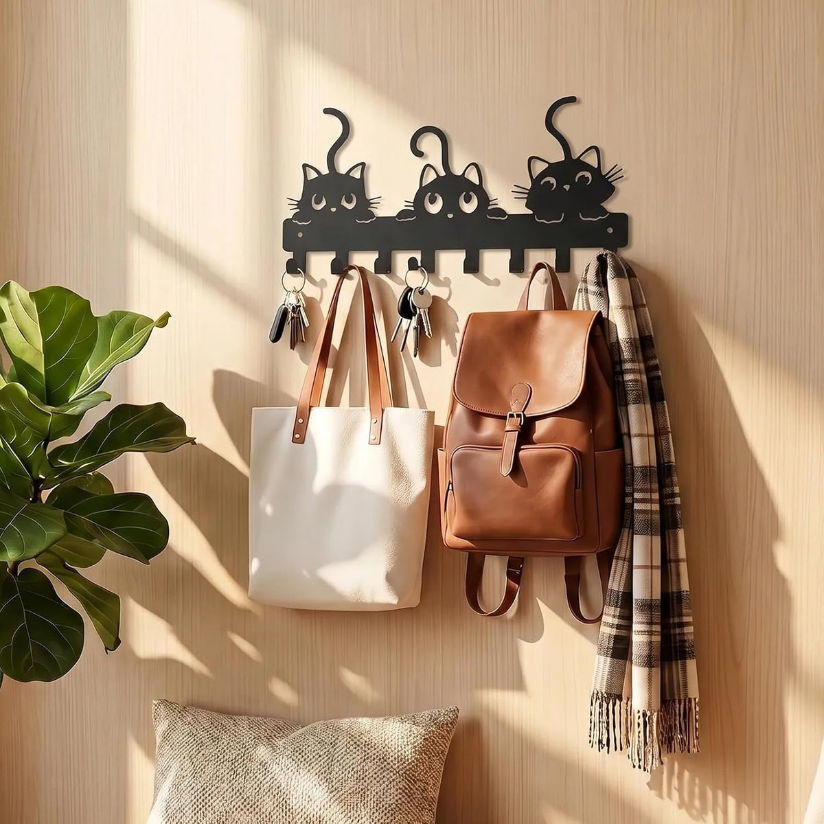 Cat Key Holder for Wall, 3-Cat Key Hanger with 8 Hooks