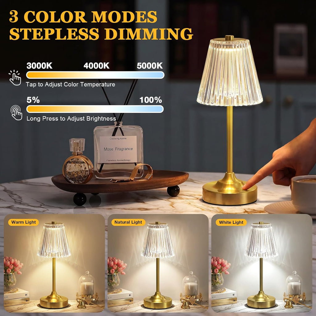 Kakanuo Gold Cordless Rechargeable Table Lamp, Touch Battery Powered Lamp, 3 Color Modes, Crystal Acrylic Lampshade, Portable Ambient Night Light for Desk, Bedroom, Dining Room, Kitchen, Bar (2 Pack)