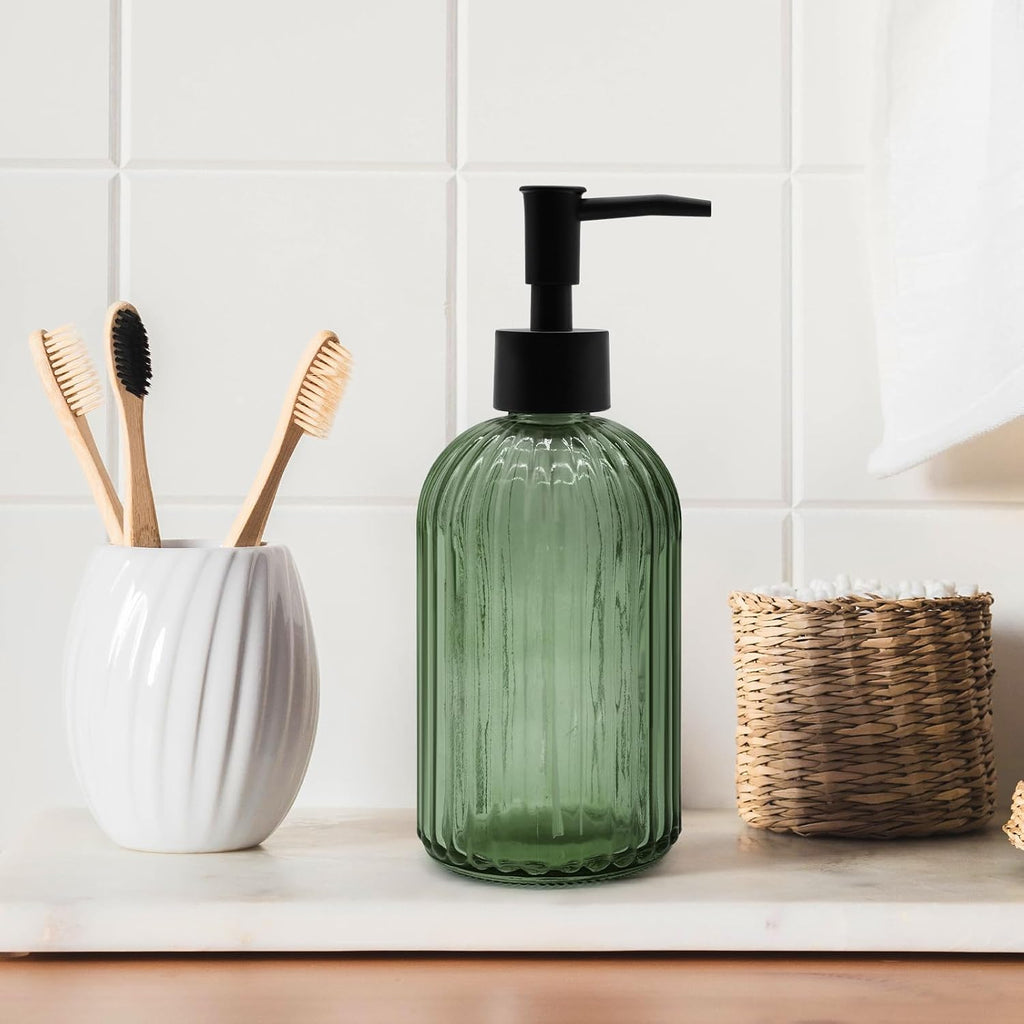 14oz Green Glass Soap Dispenser with Black Pump – Refillable for Hand Soap, Dish Soap, Lotion, Suited for Kitchen, Bathroom & Laundry Room (Olive Green)