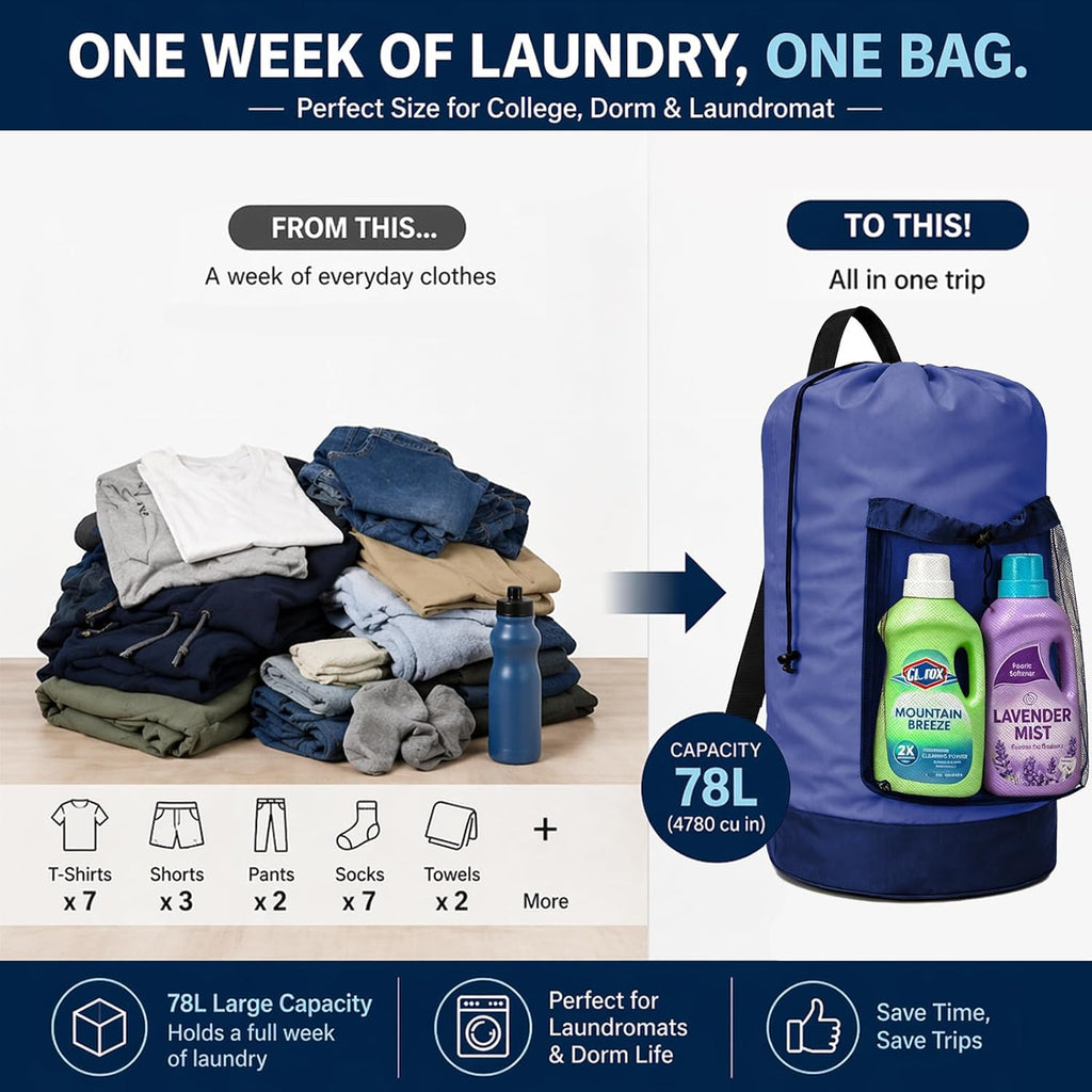 Backpack Laundry Bag, Durable polyster Laundry Backpack Bag with Shoulder Straps, Drawstring Closure & Mesh Pocket, Large Clothes Hamper for Dorm, Travel, Laundromat (Blue)