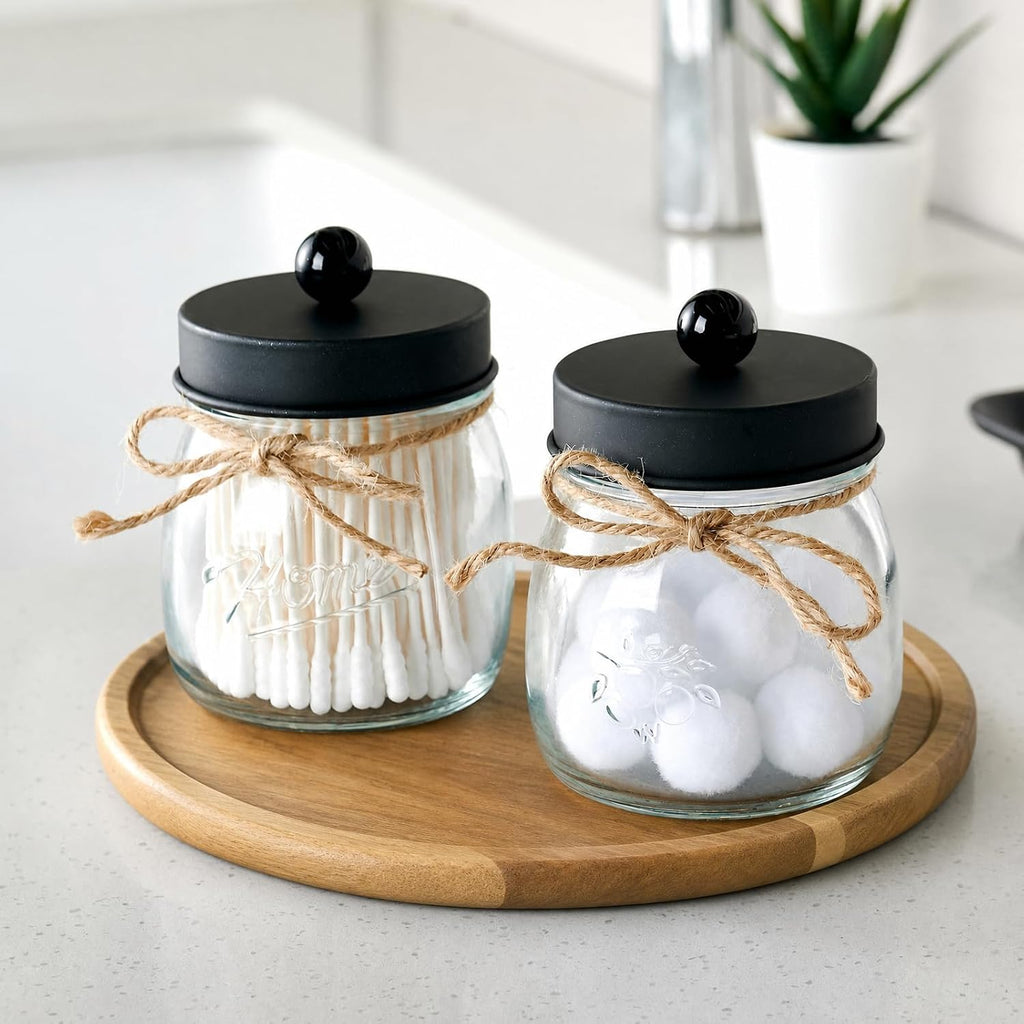 SheeChung 2 Pack Glass Mason Jar Qtip Holder, Black Stainless Steel Lids