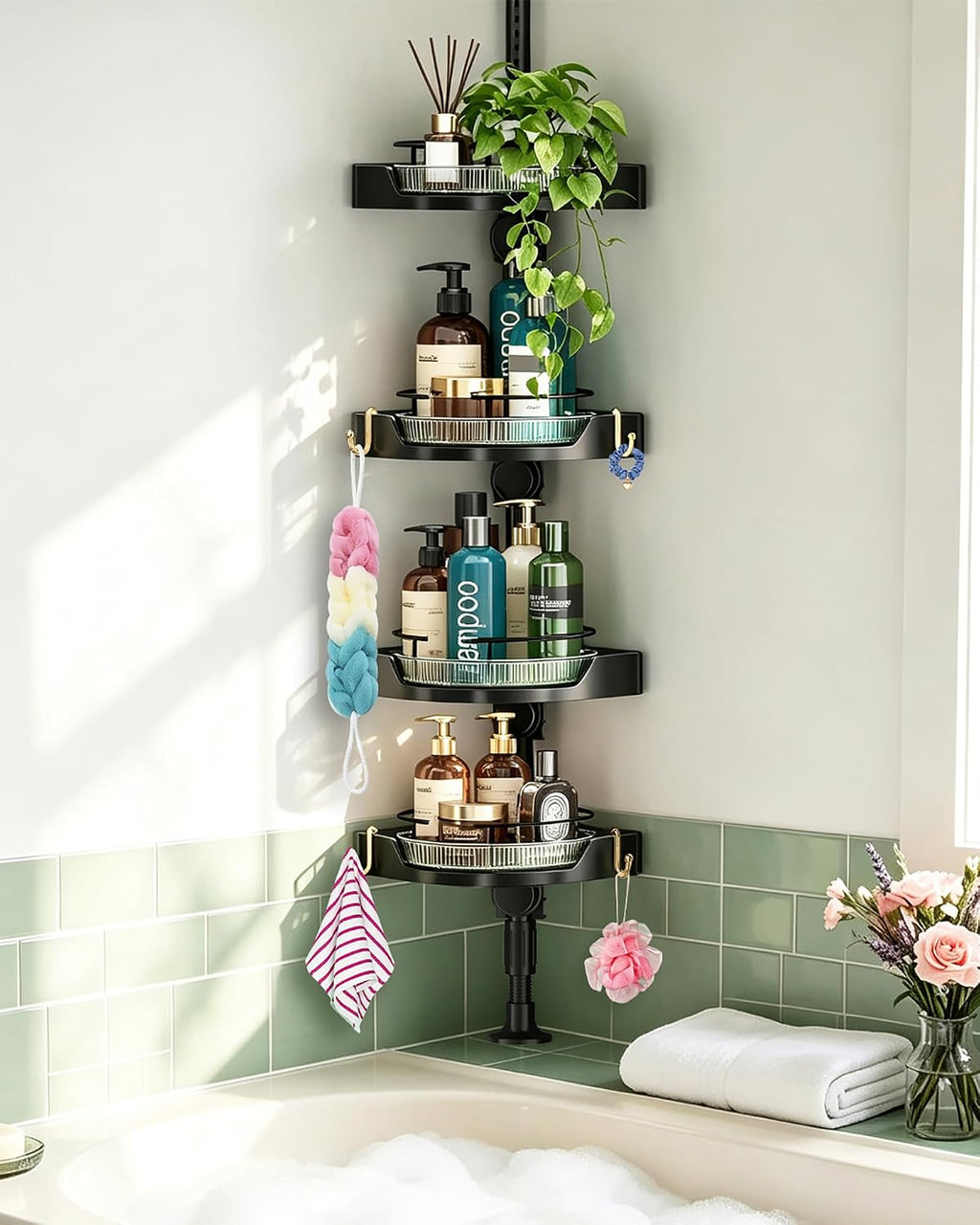360°Rotating Corner Shower Caddy Organizer Tension Pole,Black