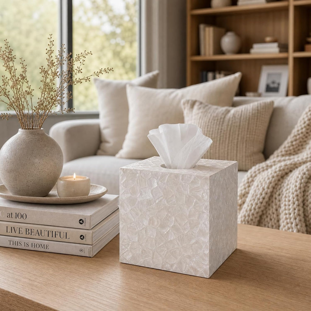 YANGQIHOME Capiz Shells Tissue Box Cover, Handmade Decorative Tissue Box Holder with Mother of Pearl, Square Facial Tissue Holder for Bathroom, Living Room, Kitchen, 5.5" x 5.5" x 5.9" (White)