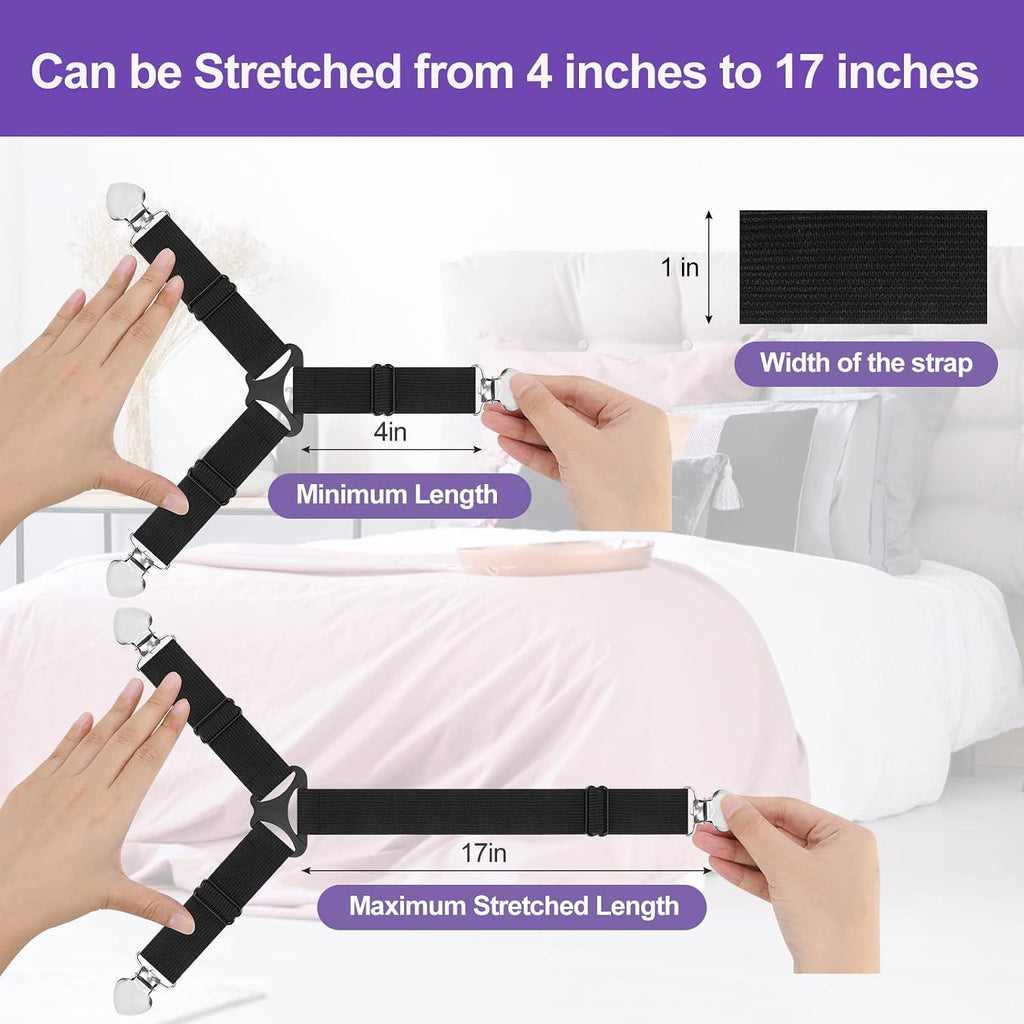 Bed Sheet Fasteners, Triangle Sheet Straps Mattress Clips, 3 Way Fitted Bed Corner Holder Sheet Suspenders Grippers for Bedding Sheets, Mattress Covers, Sofa Cushion (4PCS)