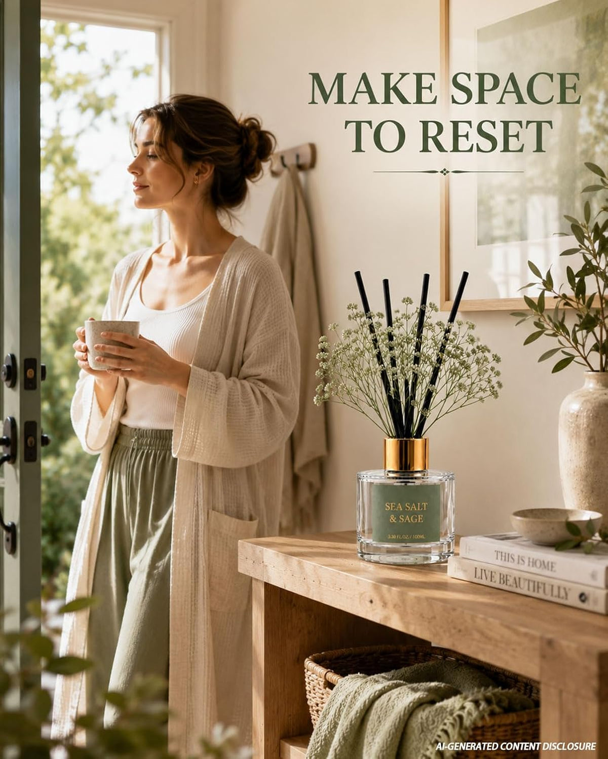 Reed Diffuser Set, Sea Salt Sage, 3.38 fl oz with 6 Sticks