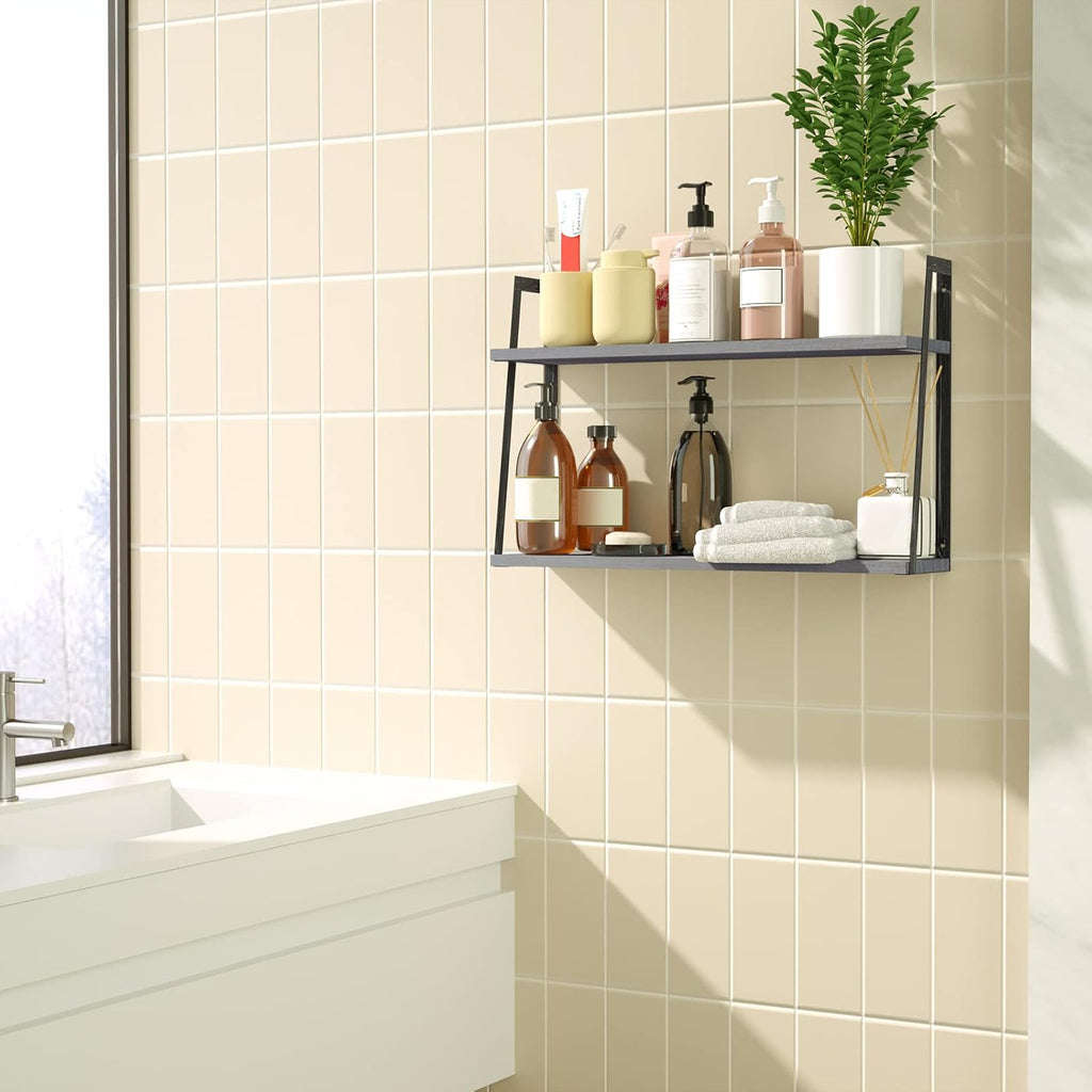 SRIWATANA Gray 2-Tier Floating Shelves, Wood Wall Storage Shelf Unit