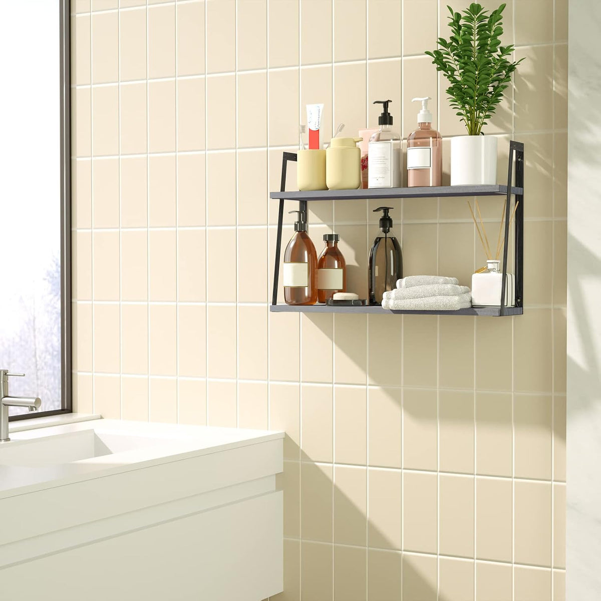 SRIWATANA Gray 2-Tier Floating Shelves, Wood Wall Storage Shelf Unit