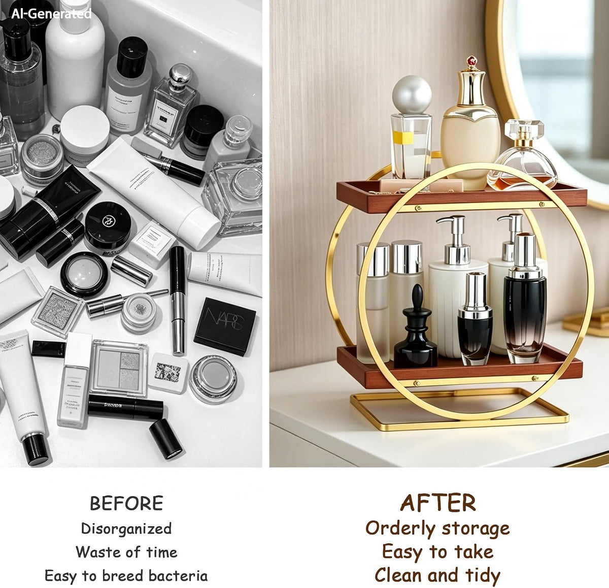 2-Tier Bathroom Organizer Countertop, Wooden Gold Perfume Organizer