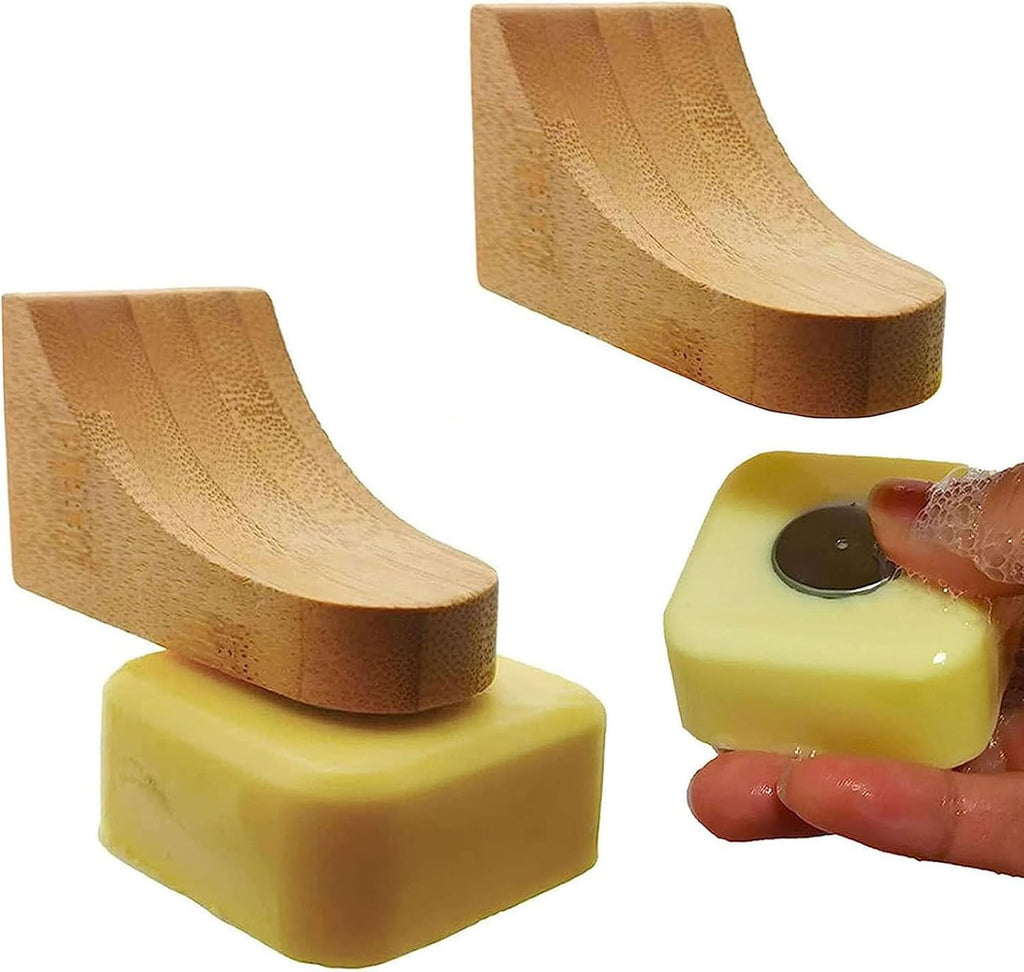 (2Sets)Bamboo Magnetic Bar Soap Holder For Shower Wall,Magnet Soap Saver For Bar Soaps Self Draining,Shower Storage for Soaps & Beard Shampoo Bars -No More Soggy Soaps,Soap Dish Dispenser Bath Kitchen