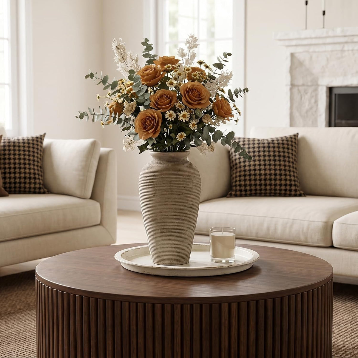 11.02 Inch Tall Vintage White Ceramic Flower Vase, Rustic Farmhouse Beige Stone Texture Vase for Home Decor, Decorative Terracotta Vase for Table Centerpiece Living Room Bathroom (Rustic-11.02'')