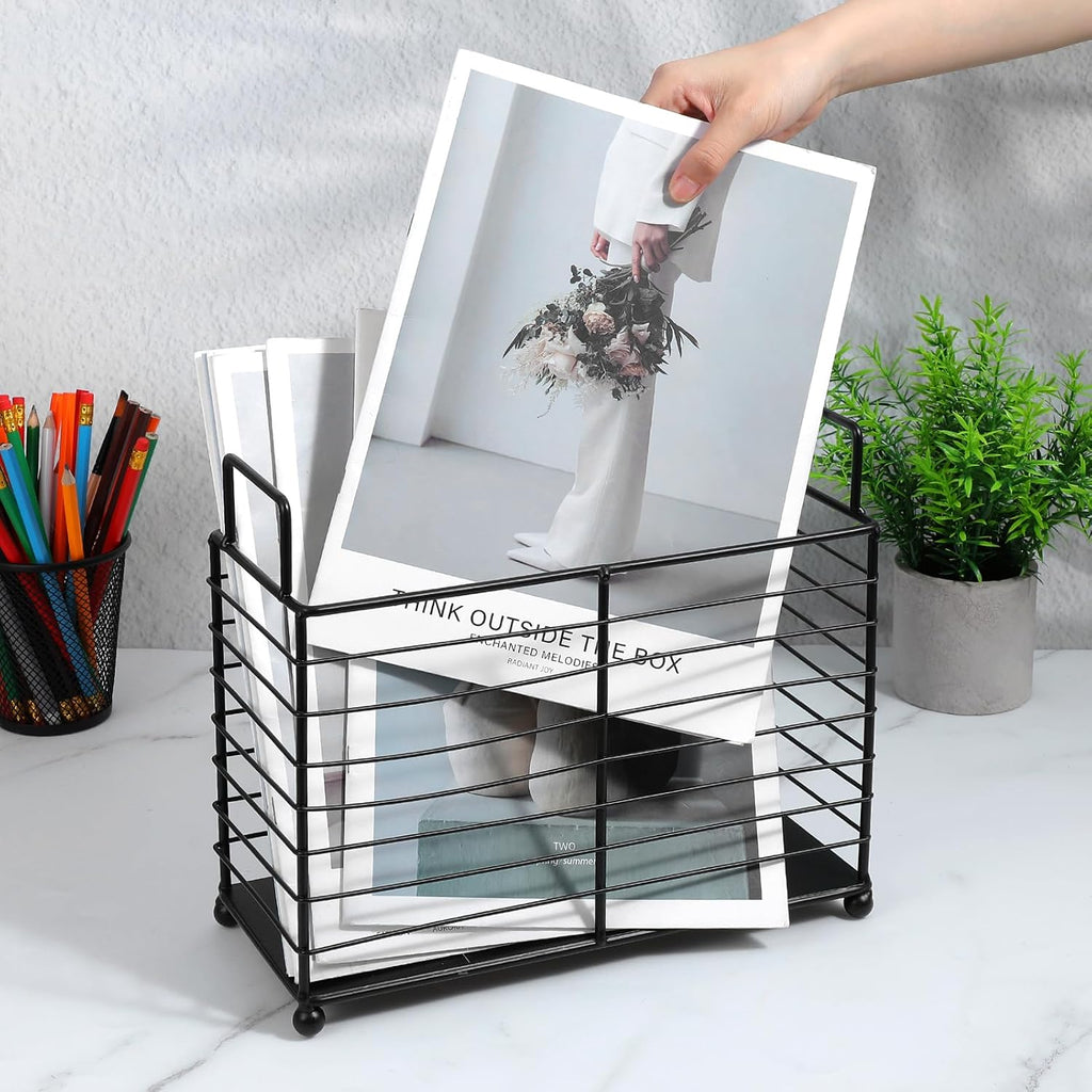 Metal Magazine Rack Floor, Wire Magazine Rack Storage Organizer with Handles - Iron Wire Black Folder Stand Holder for Home Office Bathroom Bedroom Living Room