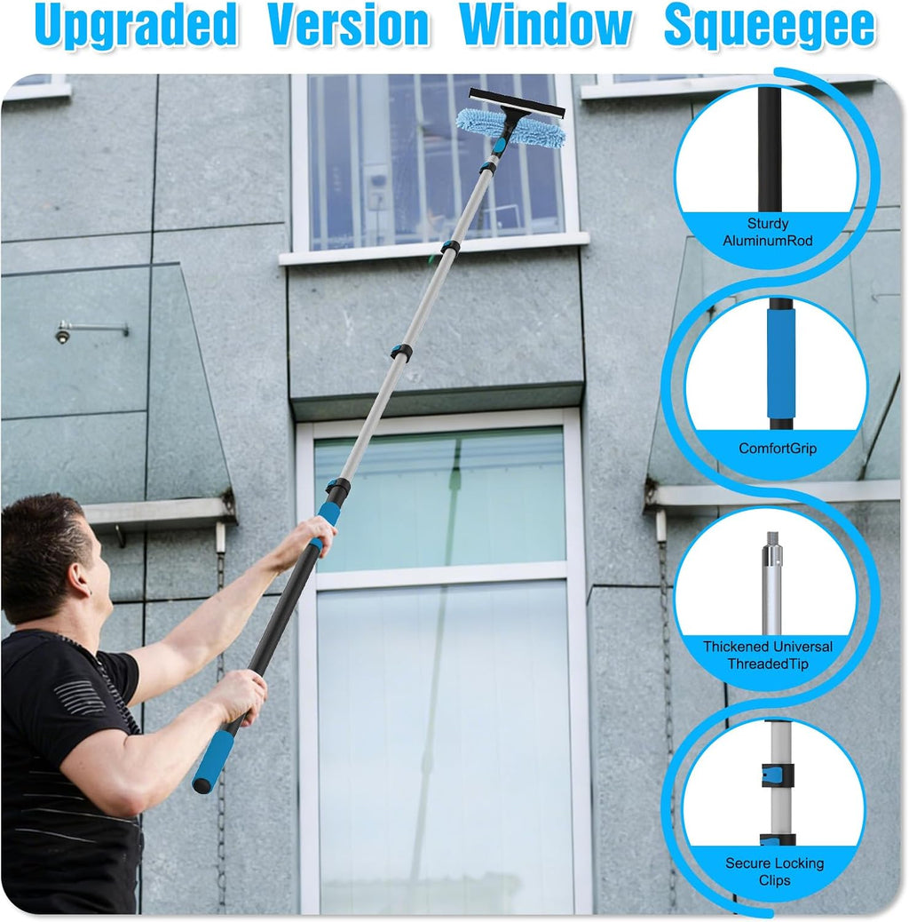 30FT Reach Window Squeegee Kit with Extension Pole, 2-in-1 Professional Washer for High Windows, 5-24FT Adjustable Reach, Rotatable Head for Indoor & Outdoor Use, Streak-Free Cleaning Tool for Home