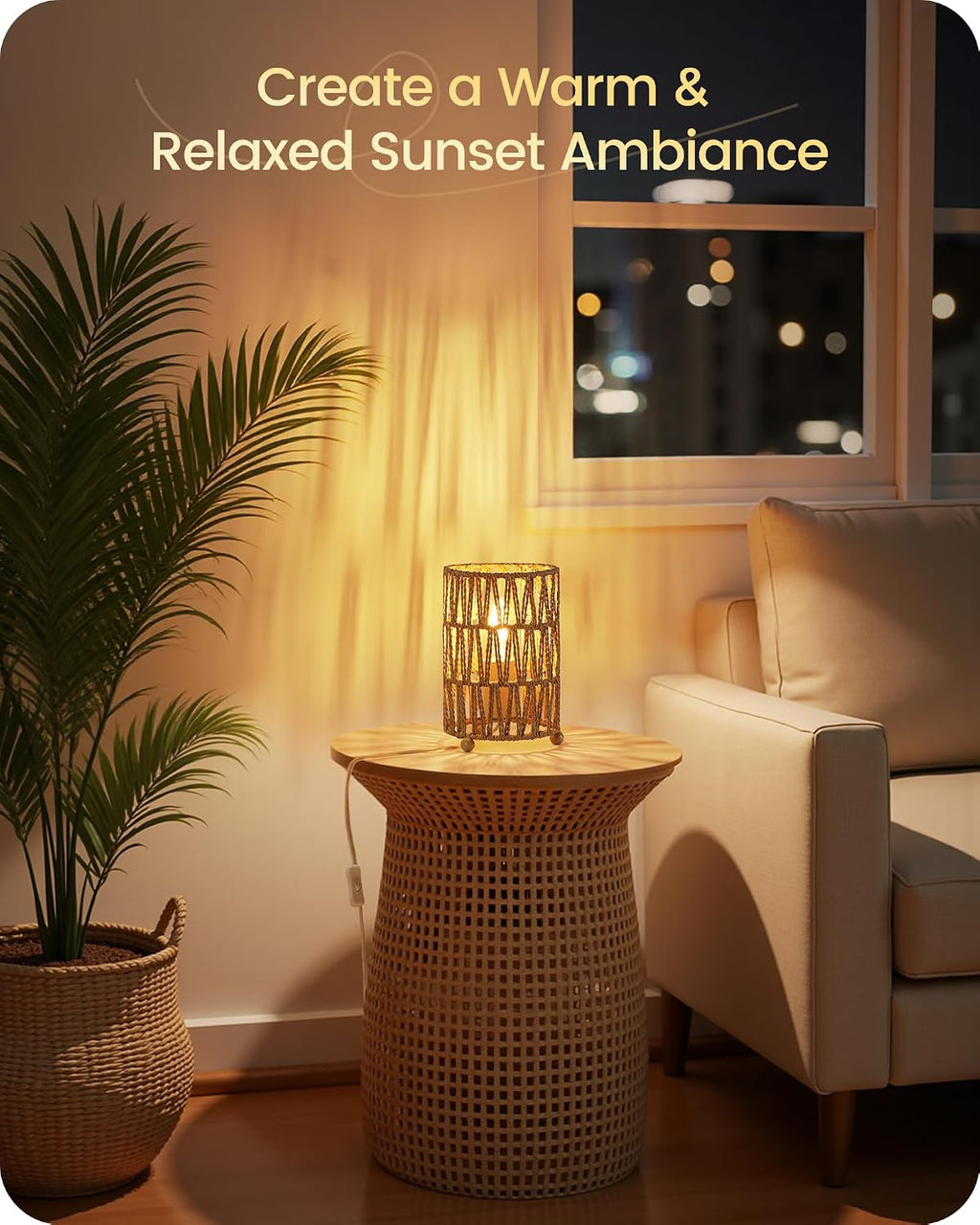 Boho Table Lamps Set of 2, Rattan-Style Small Bedside Lamps