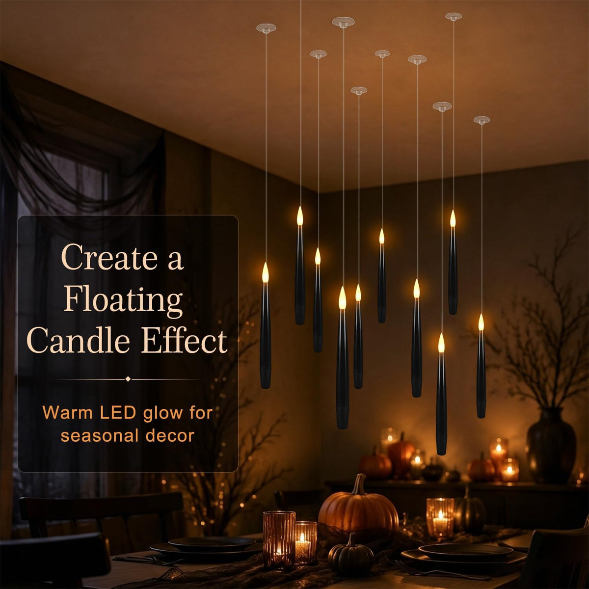 24 Floating Flameless Candles with Wands, Halloween Hanging Decor